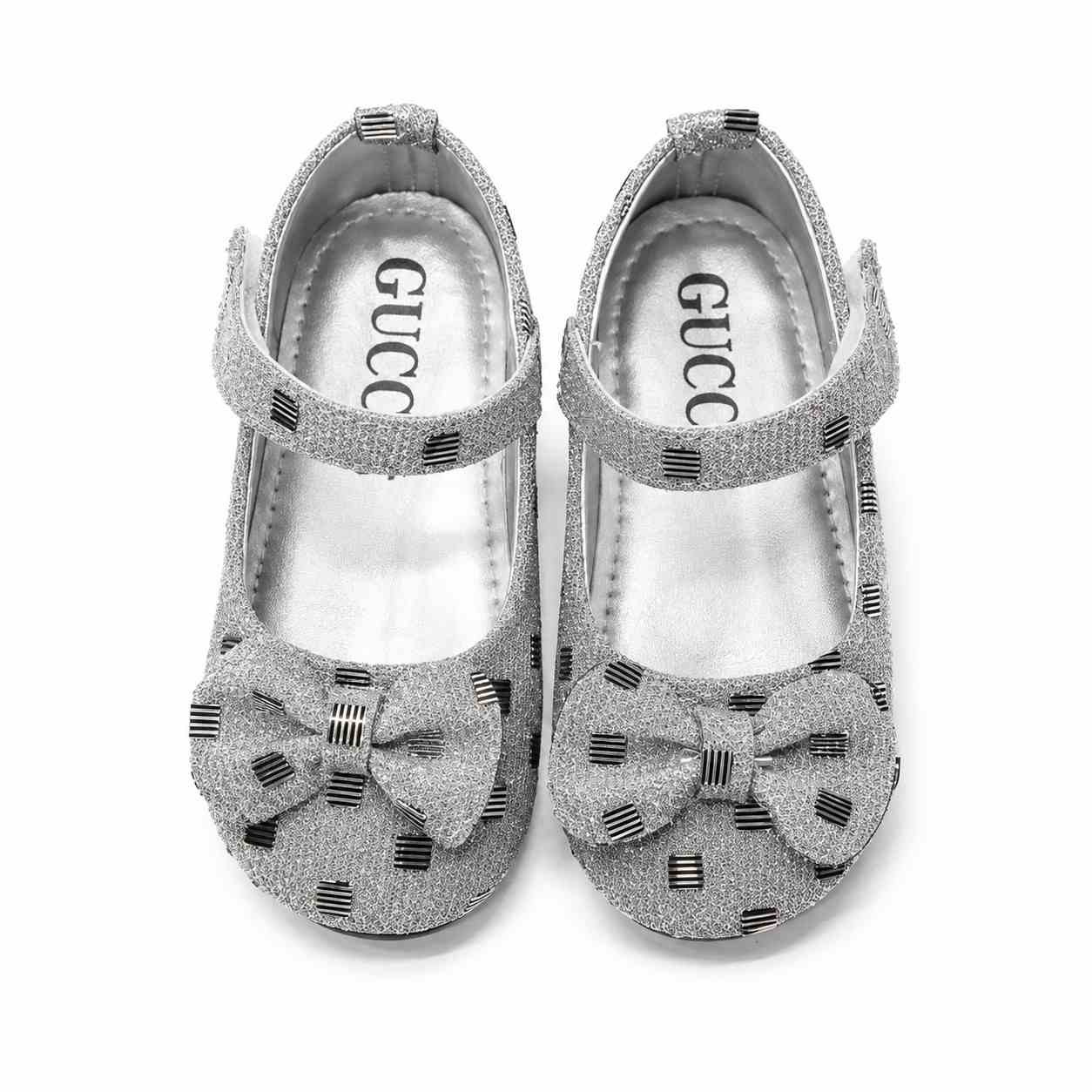 Cute Baby Girls Black Bow Shoes - silver gray