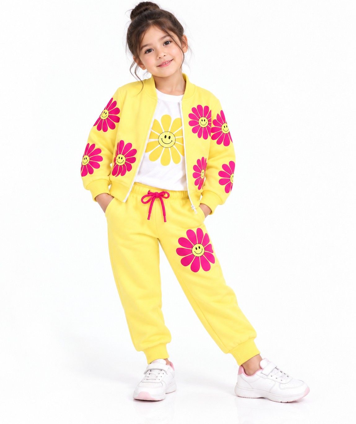 Smiley Flower Pink & Yellow 3-Piece Fleece Tracksuit - Yellow