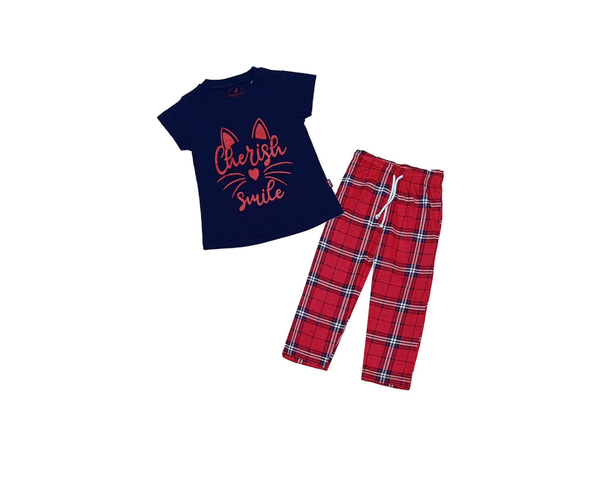 Cherish Kitty Smile Tee Shirt Trendy Checked Trouser -Navy &amp; Red