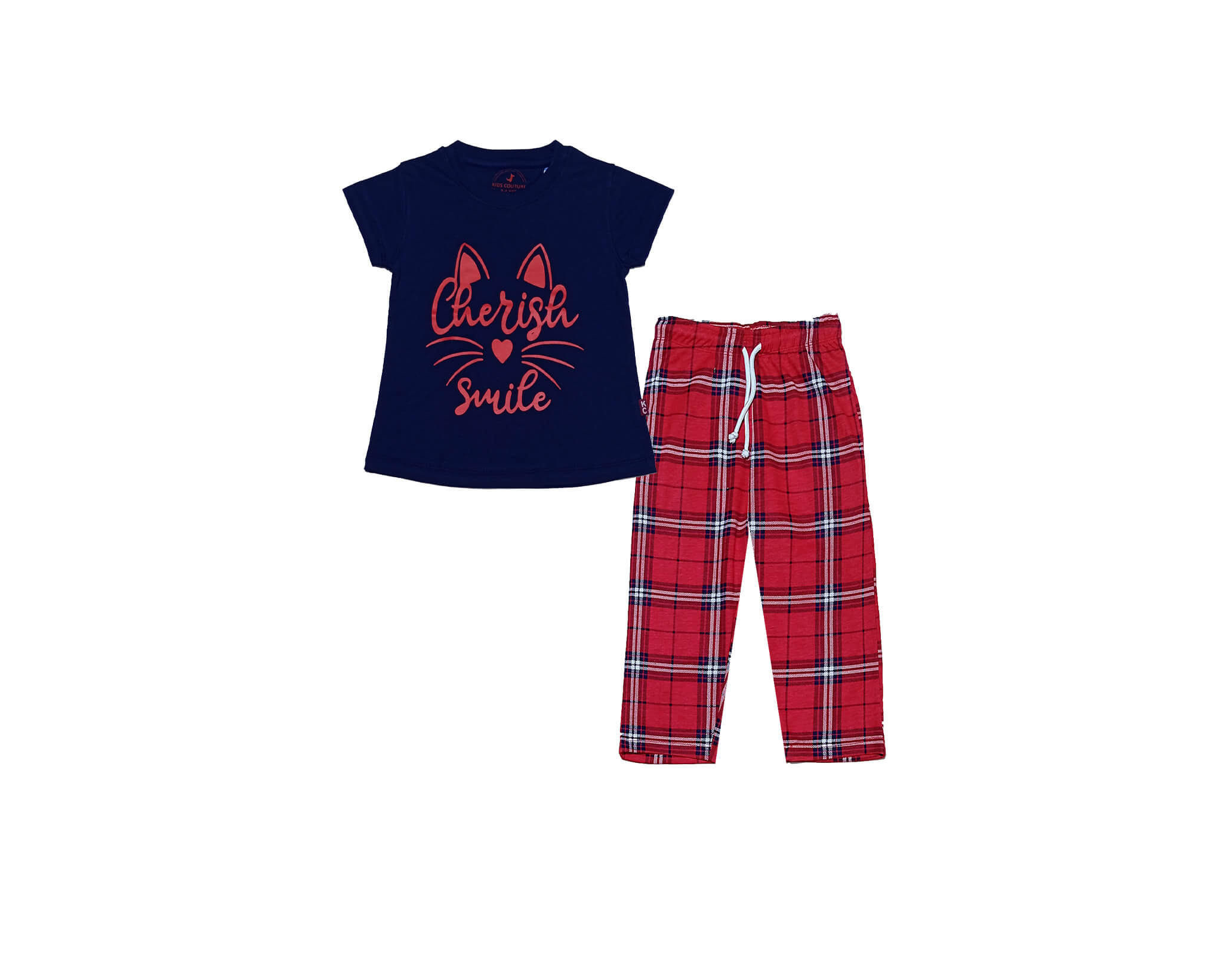 Cherish Kitty Smile Tee Shirt Trendy Checked Trouser -Navy &amp; Red