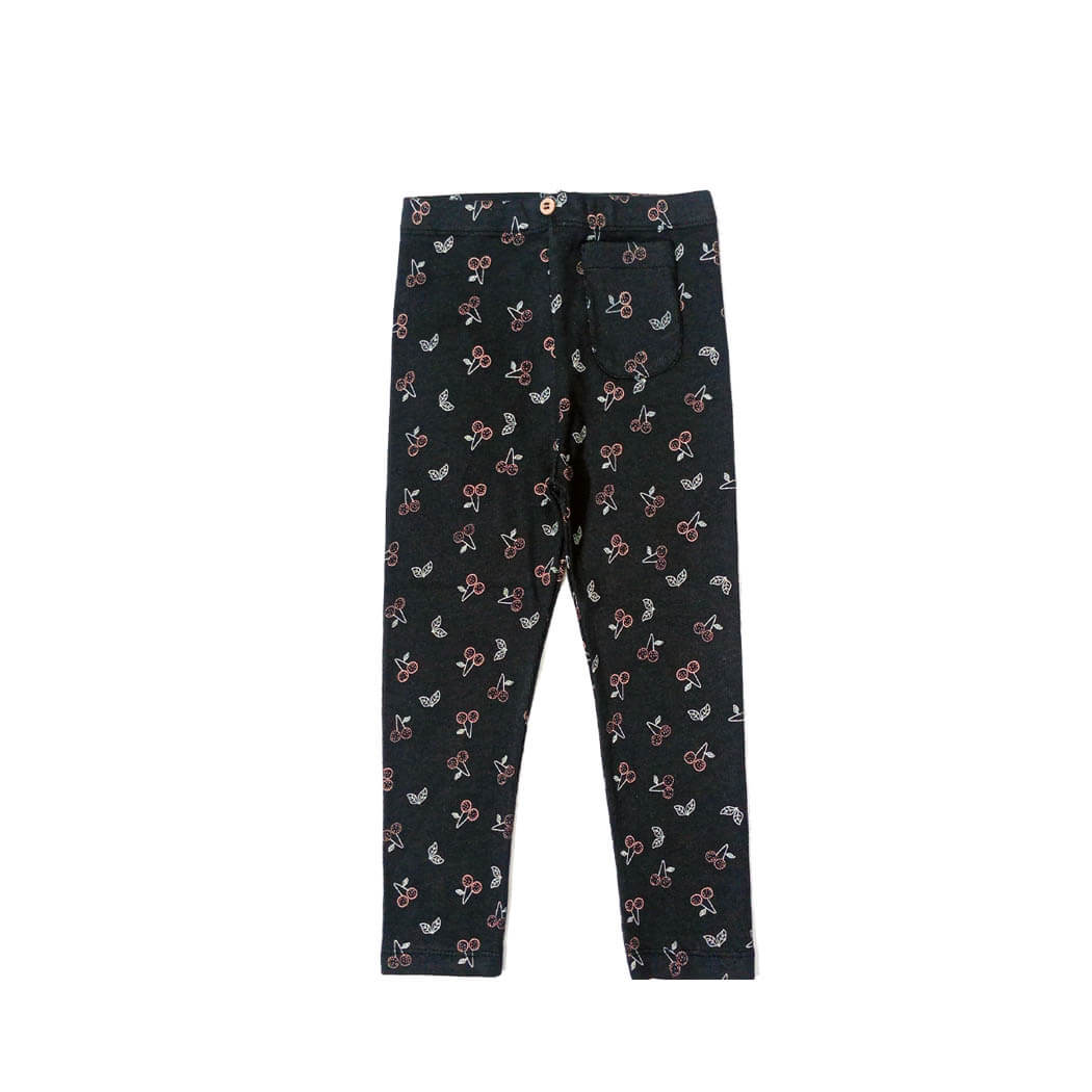Cherries Print Rib Tights with Front Pocket - Charcoal