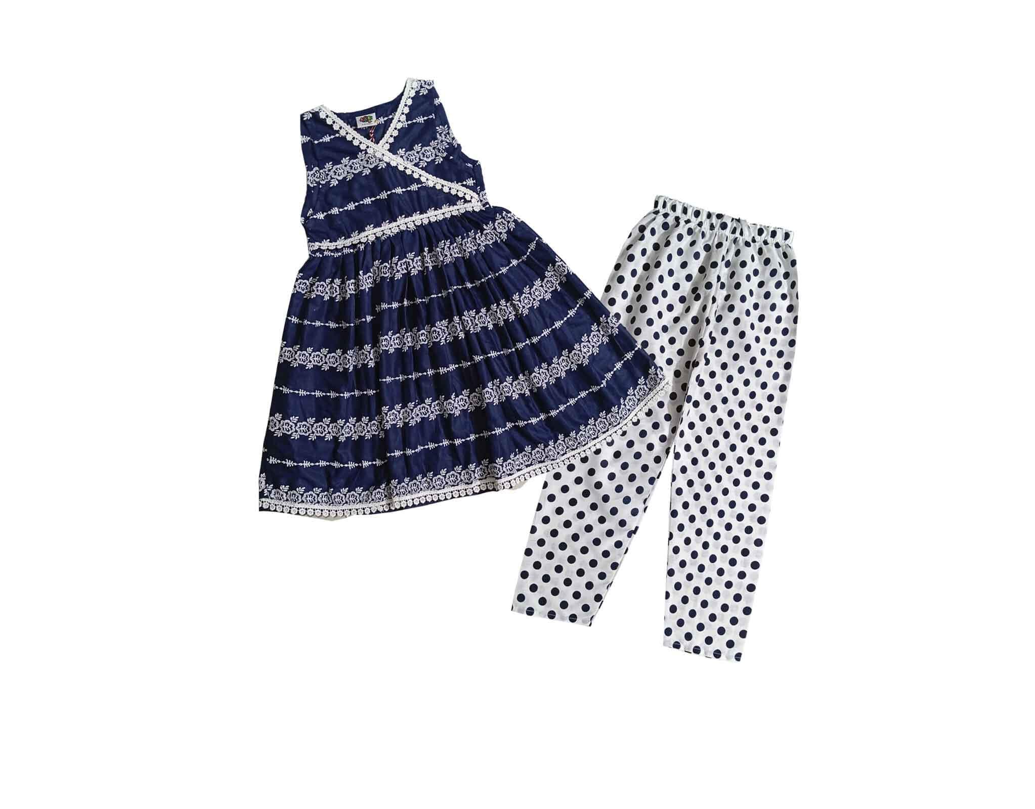 Chicken Kari Angrakha Frock with Polka Dot Trouser - Navy Blue & White