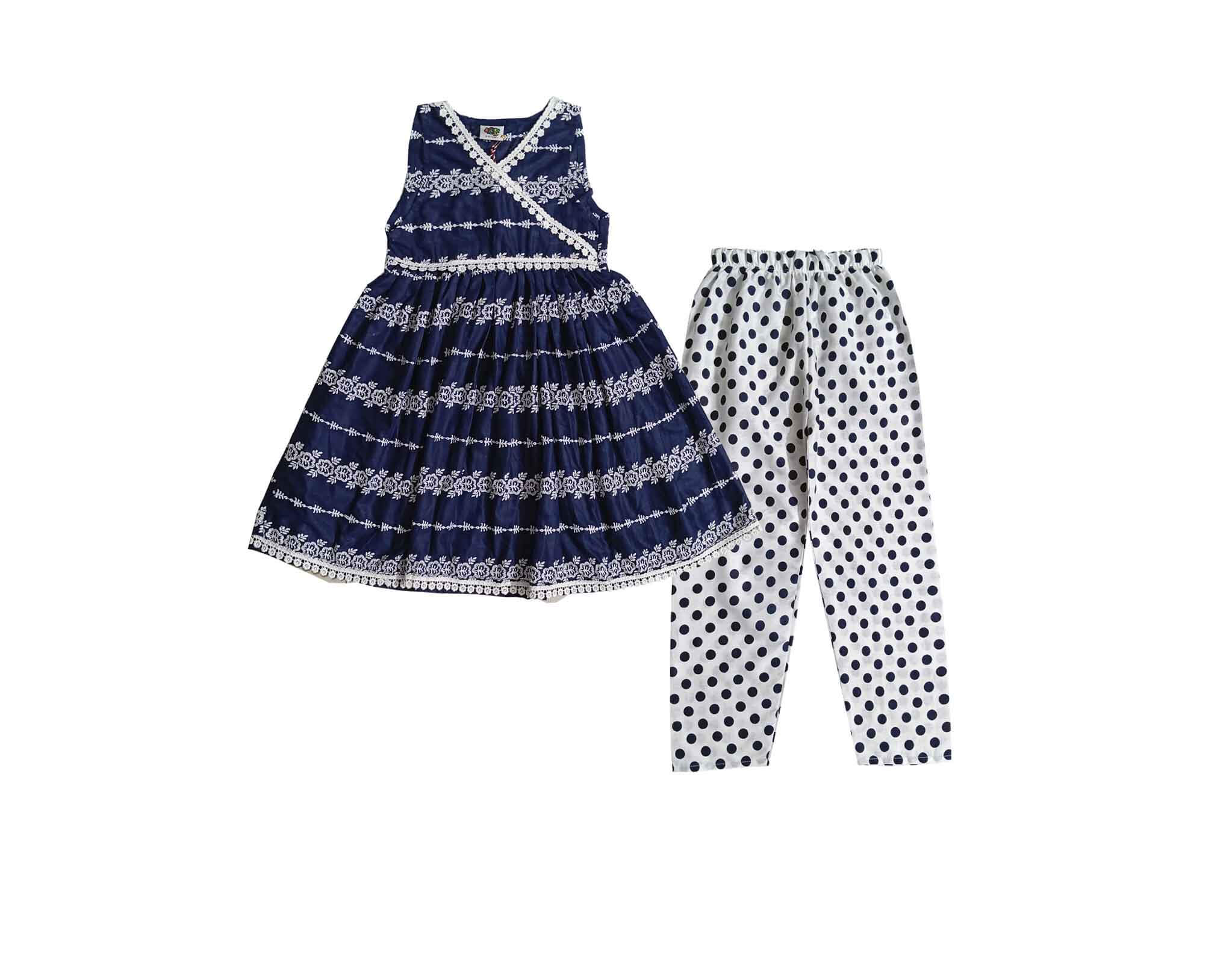 Chicken Kari Angrakha Frock with Polka Dot Trouser - Navy Blue & White