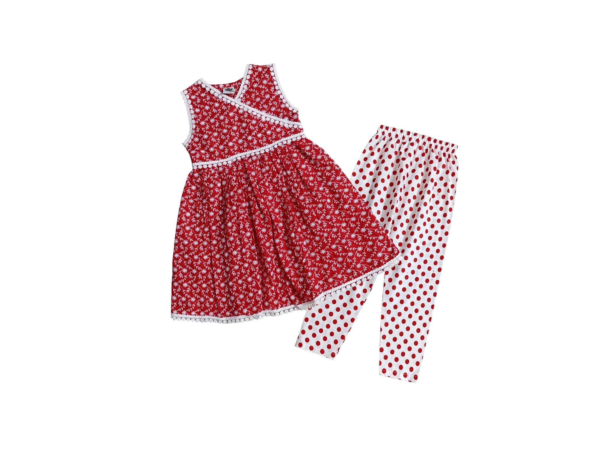 Chicken Kari Angrakha Frock with Polka Dot Trouser - Red & White