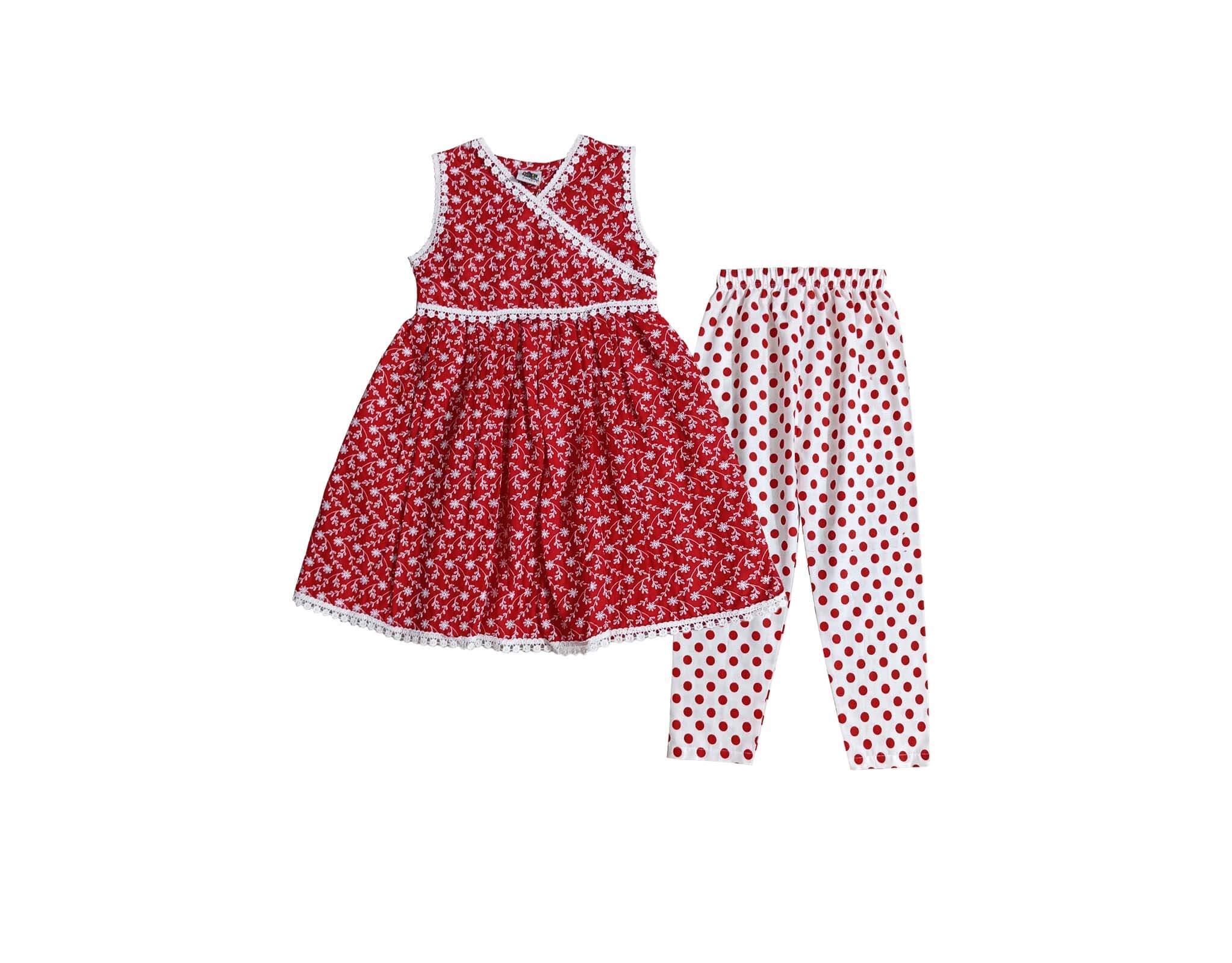 Chicken Kari Angrakha Frock with Polka Dot Trouser - Red & White