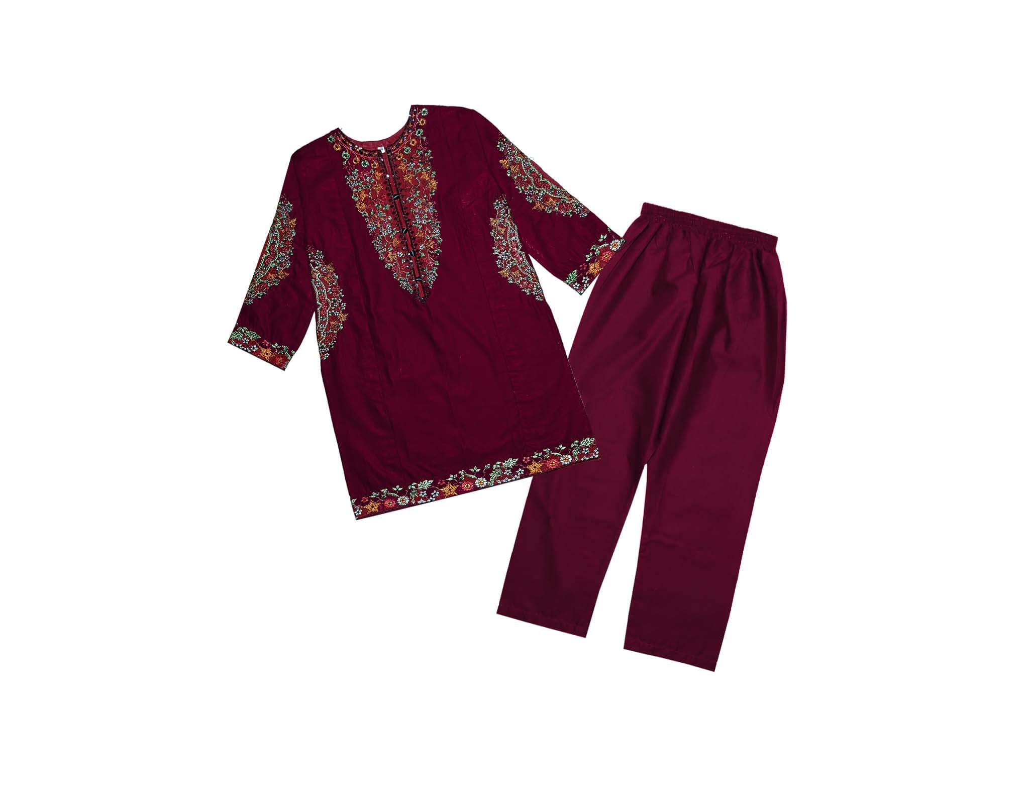 Classic Floral Embroiderd khaddar Kameez with Trouser - Maroon