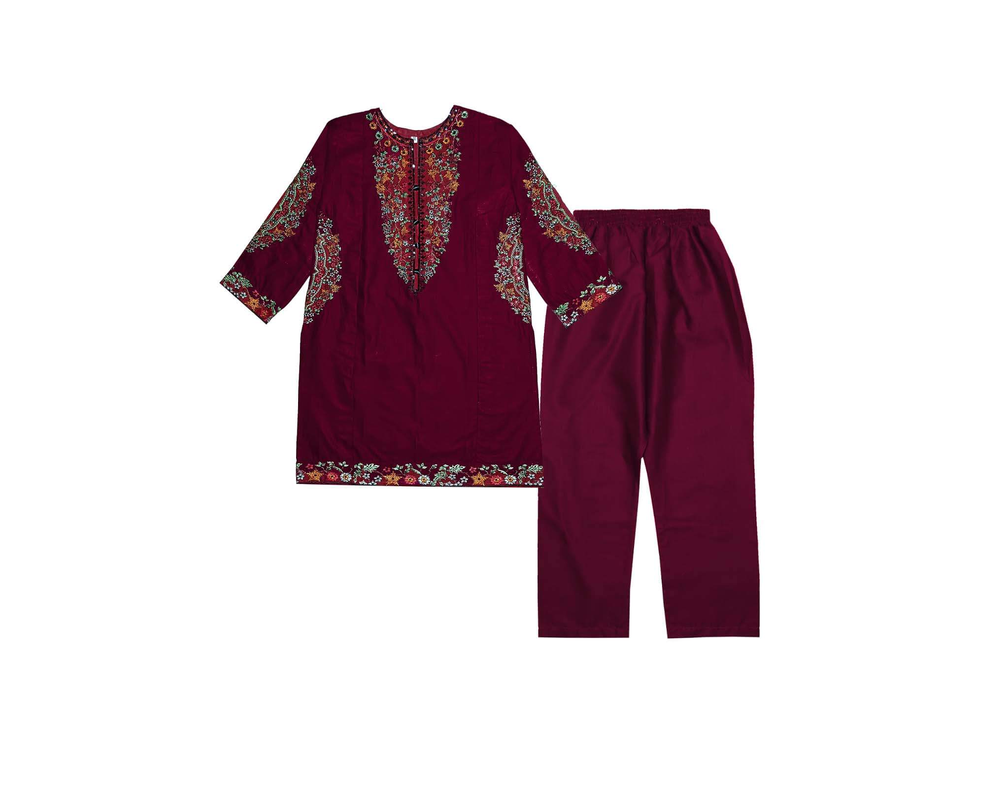 Classic Floral Embroiderd khaddar Kameez with Trouser - Maroon
