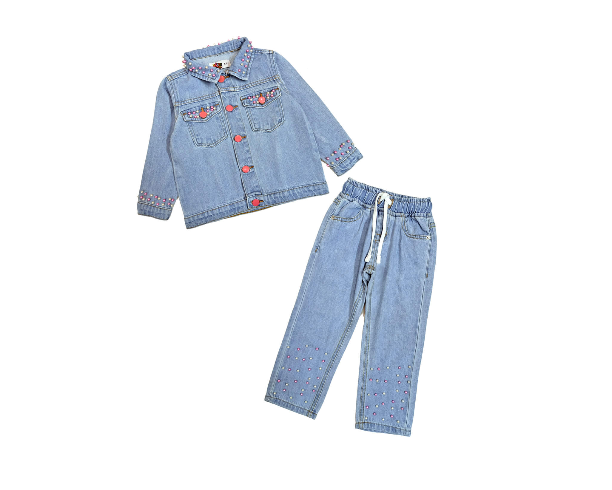 Classic Pearls Fashion Denim Jacket & Pant - Sky Blue
