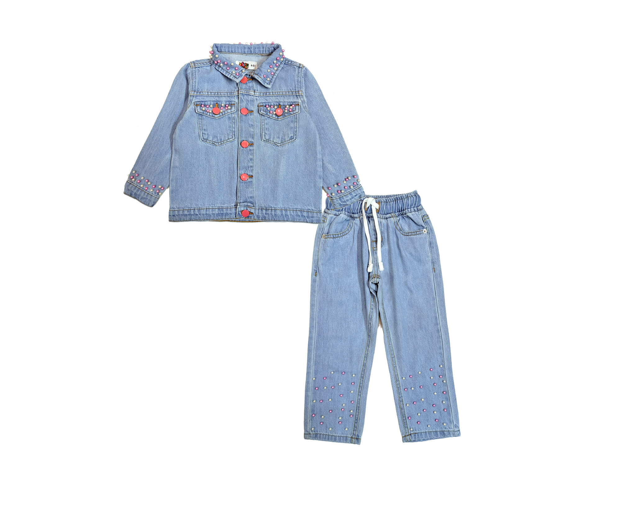 Classic Pearls Fashion Denim Jacket & Pant - Sky Blue