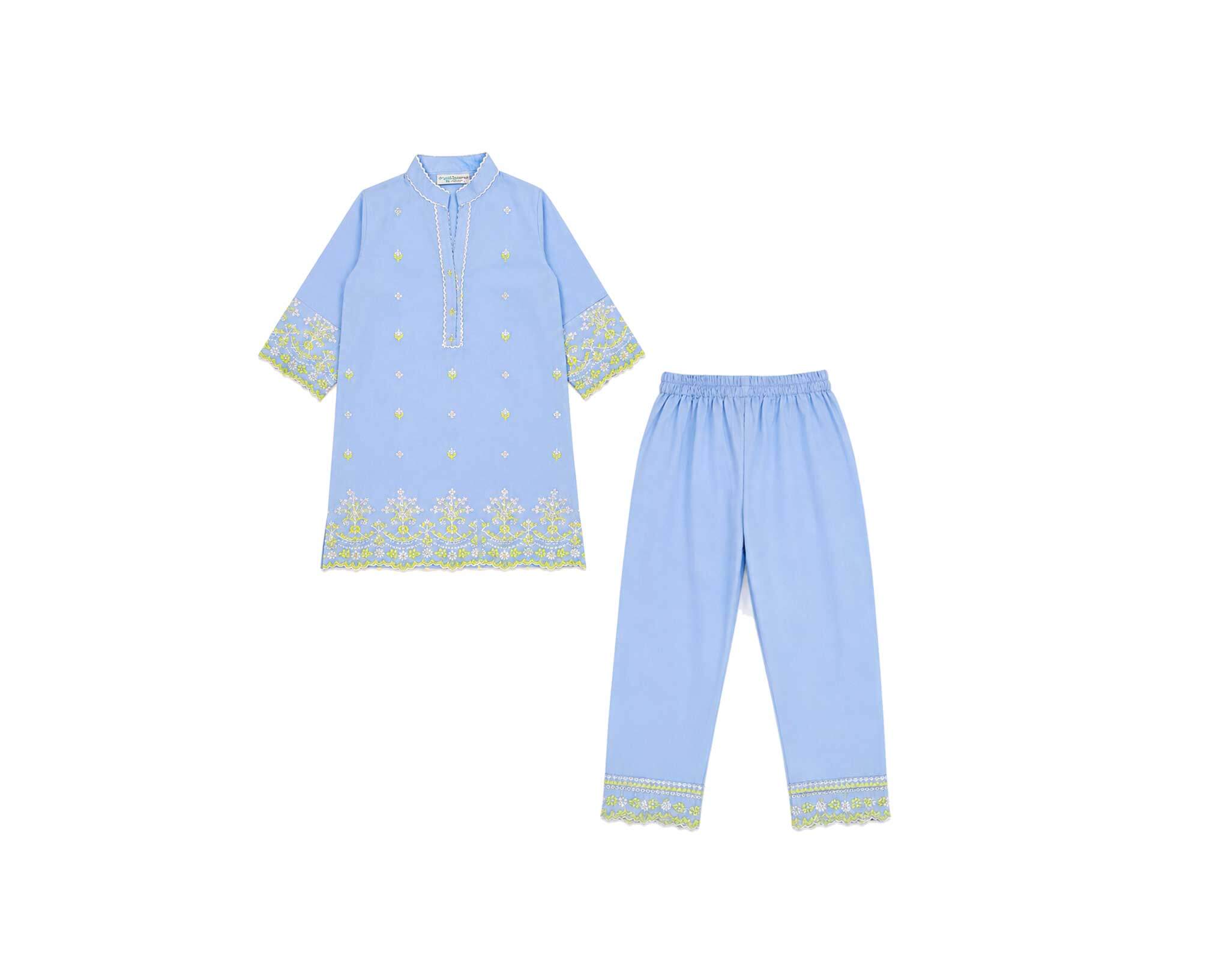 ClassicEmbroideryYellow_WhiteFlowersKurta_Trouser-SkyBlue