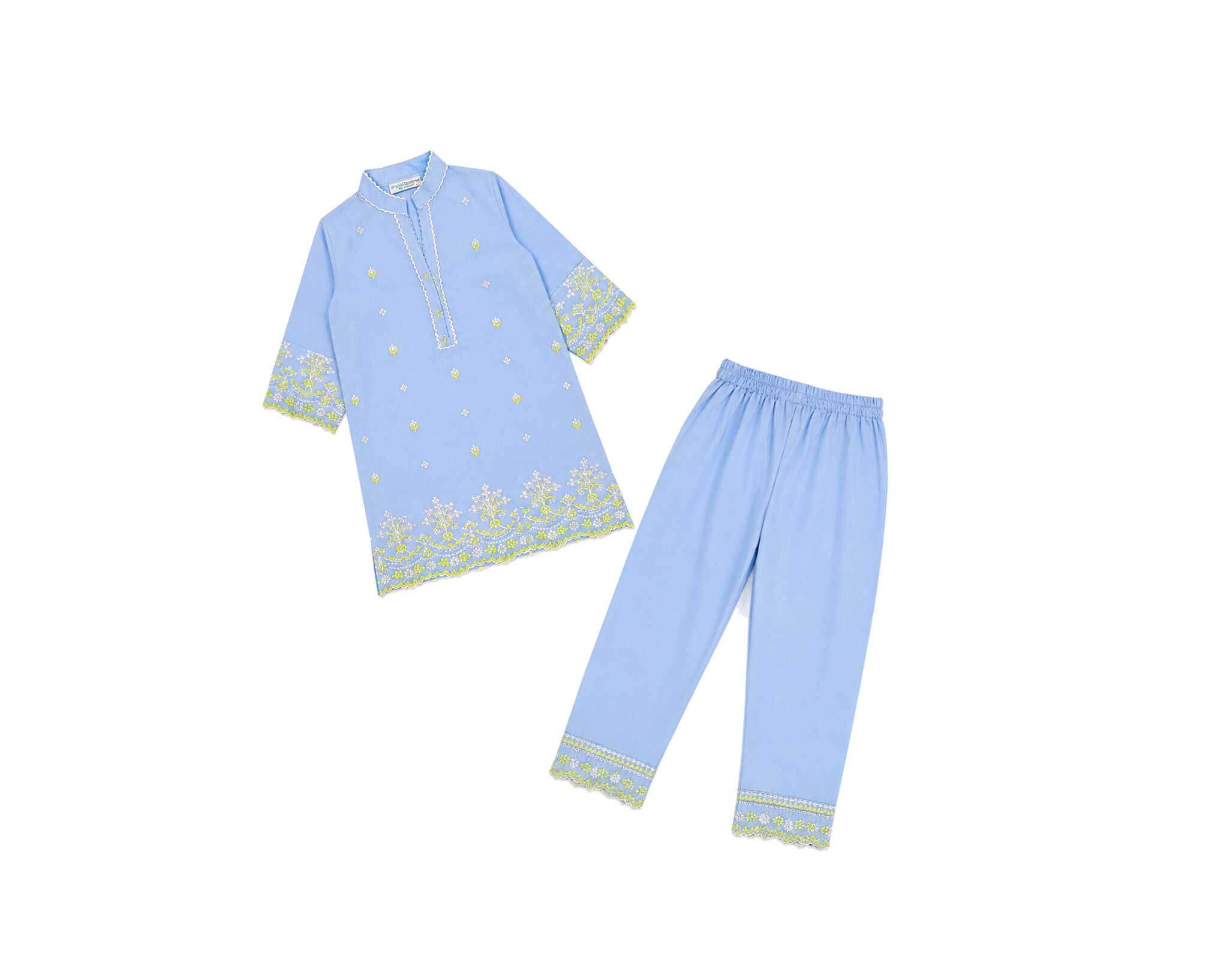 ClassicEmbroideryYellow_WhiteFlowersKurta_Trouser-SkyBlue_1