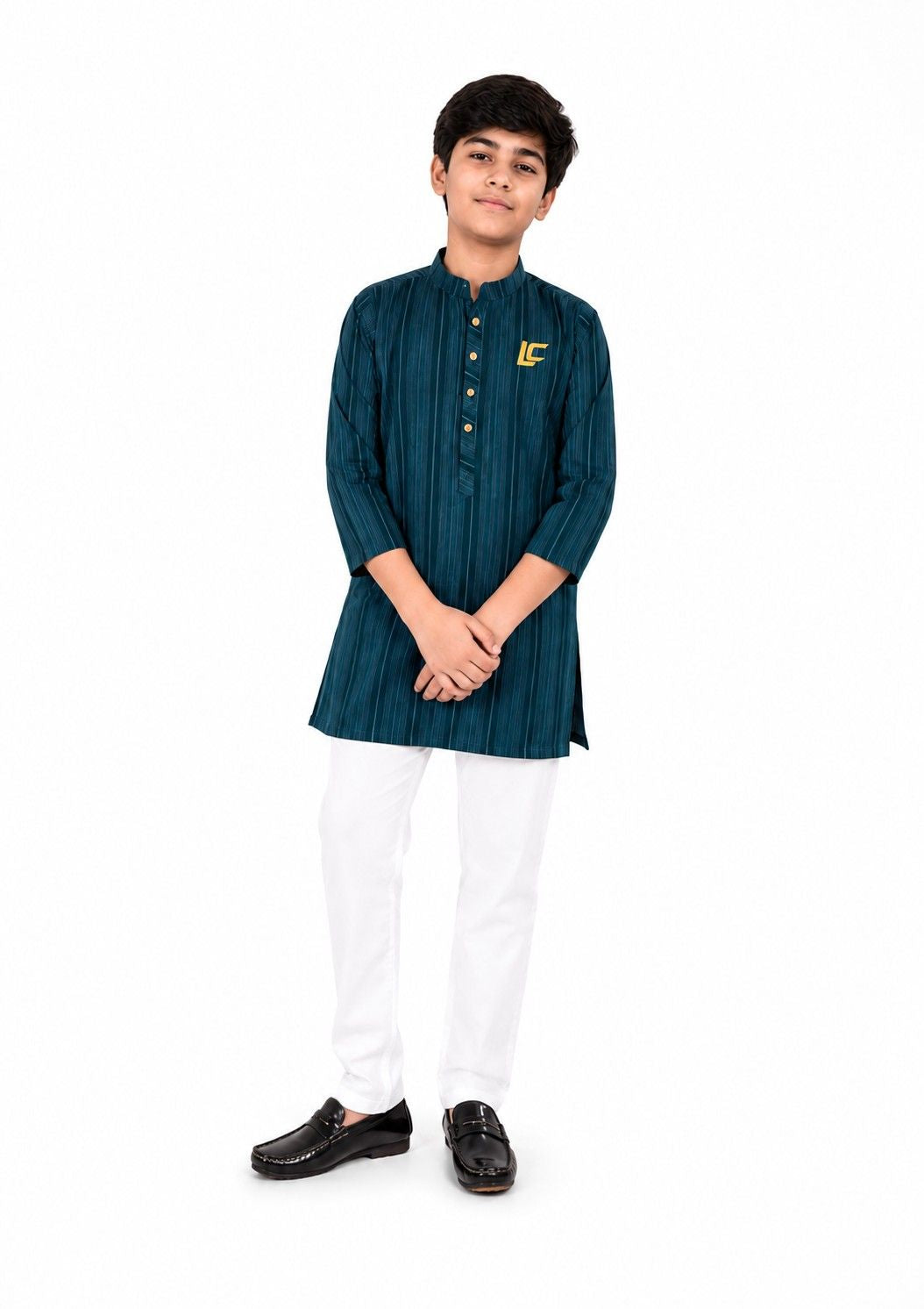 Classic LC Embroidered Logo Strips Kurta & Trouser - Dark Green