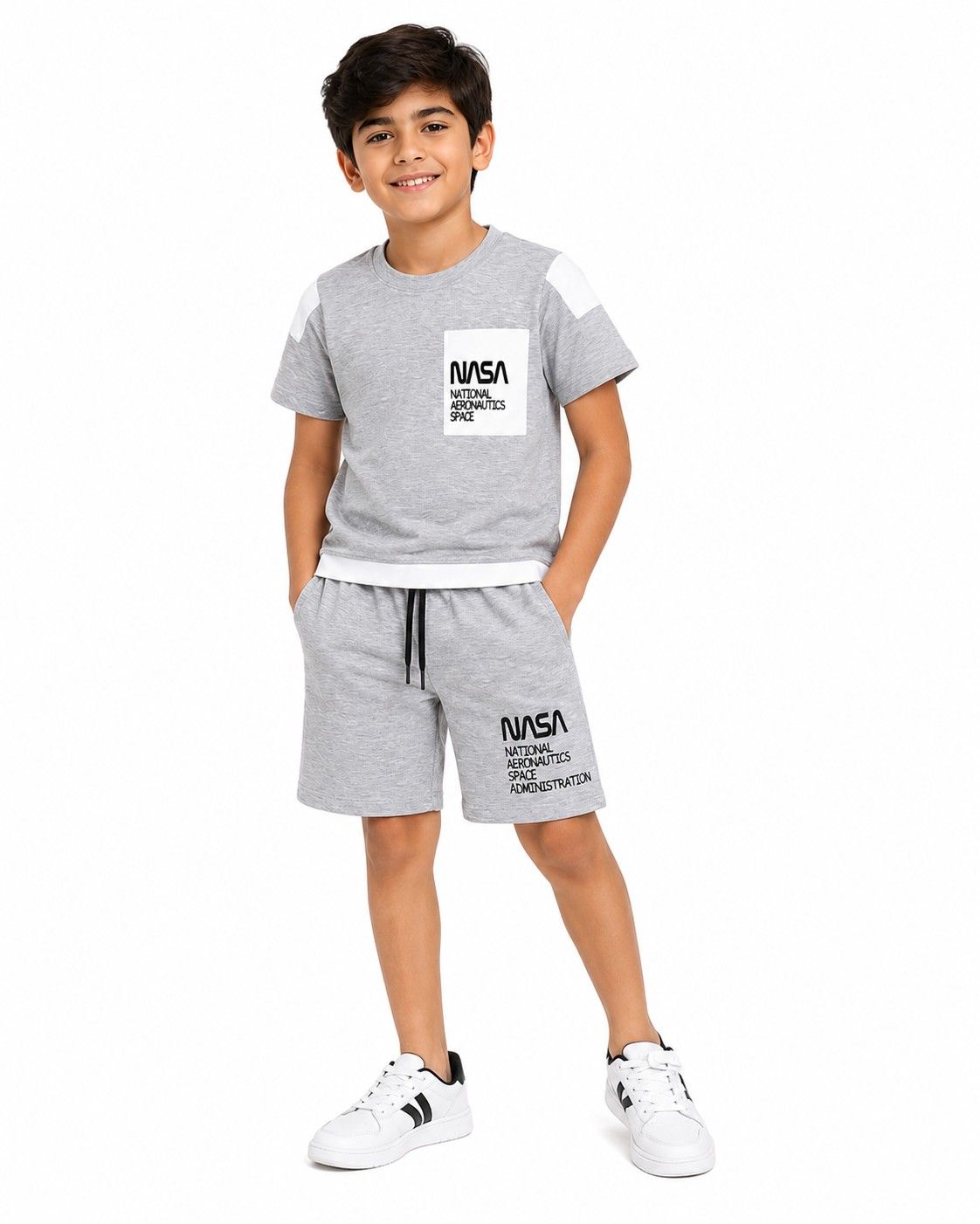 Classic Look White Penal Tee & Short - Heather Grey