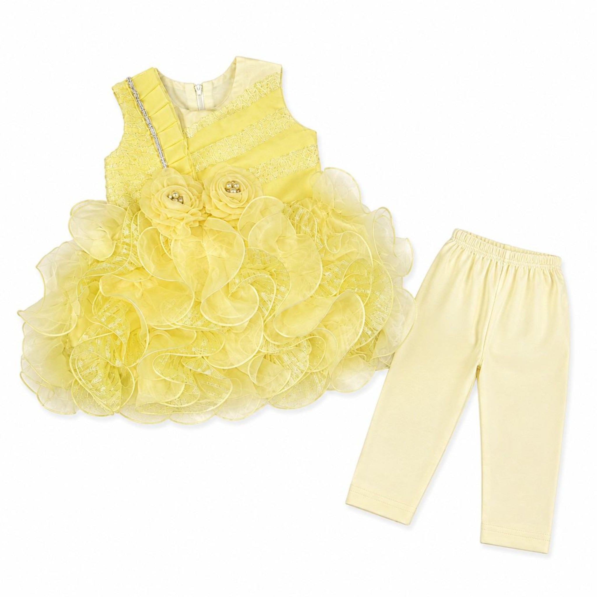Classic Sleeveless Fairy Frock With Trouser - Lime Yellow