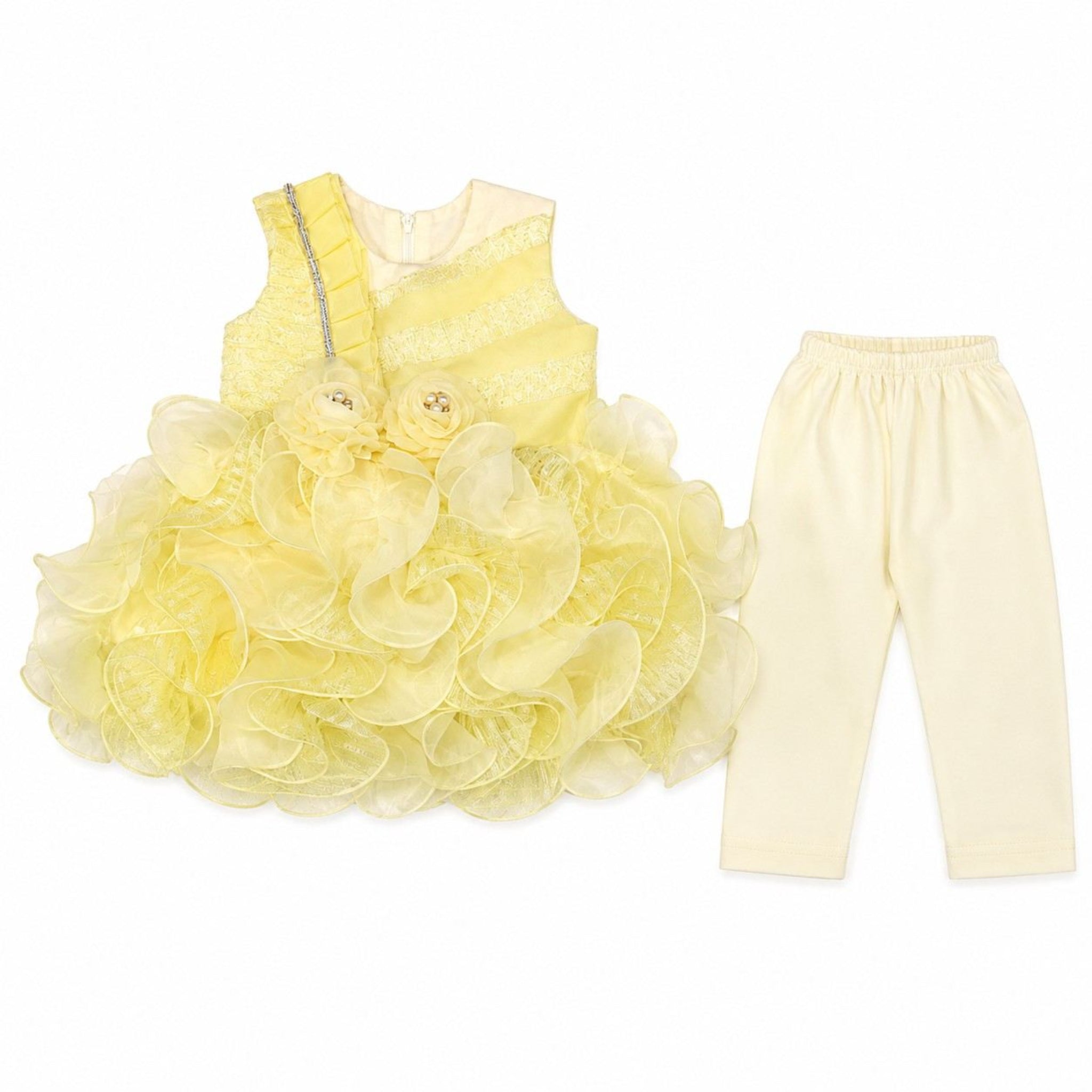 Classic Sleeveless Fairy Frock With Trouser - Lime Yellow