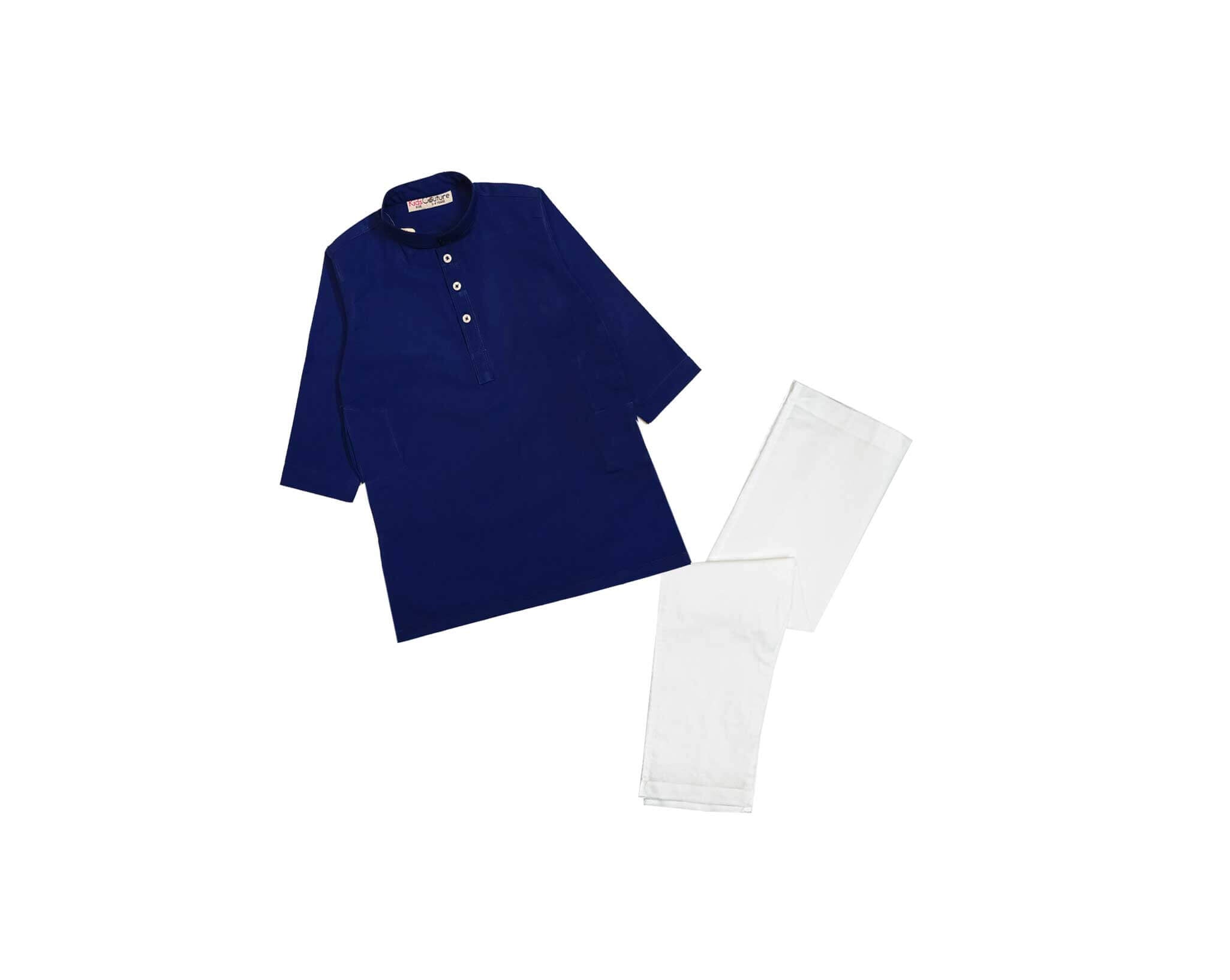 Classy Modern Cotton Kurta &amp; White Trouser Set – Navy Blue