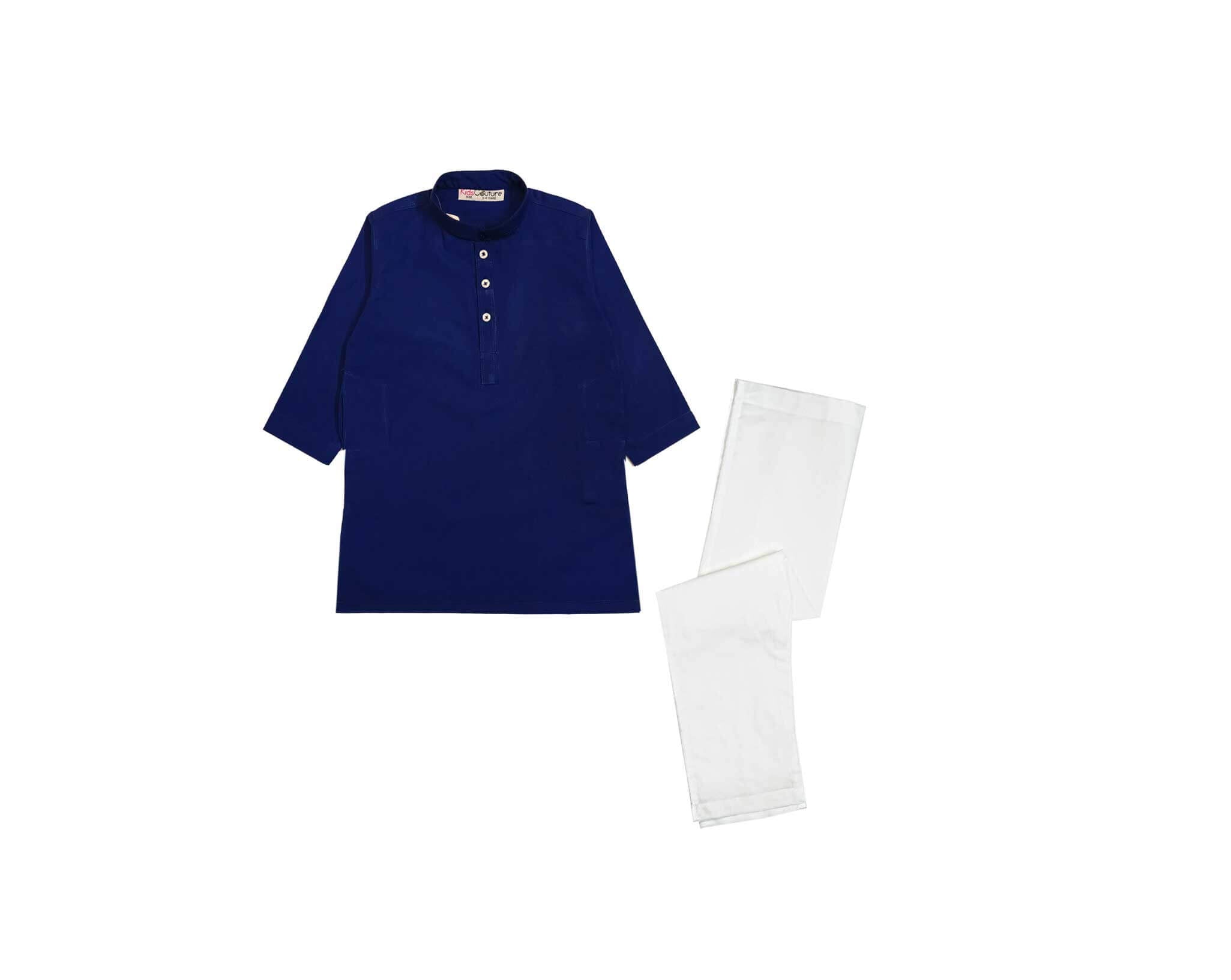 Classy Modern Cotton Kurta &amp; White Trouser Set – Navy Blue