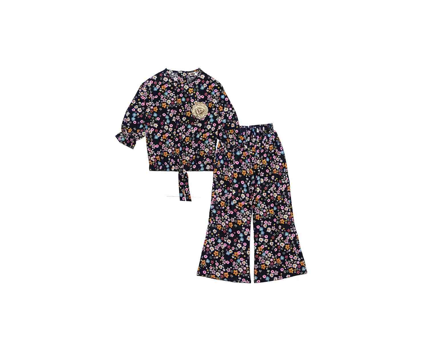 Cocktail Flowers Three Quarter Sleeves Cotton Short Top & Flaper Trouser – Black