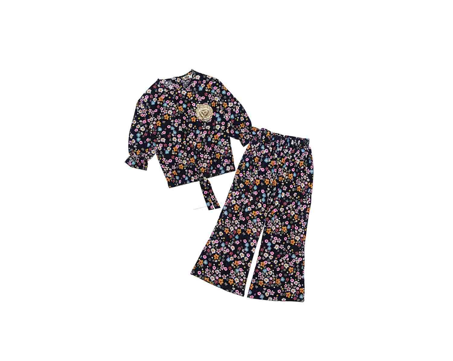 Cocktail Flowers Three Quarter Sleeves Cotton Short Top & Flaper Trouser – Black1