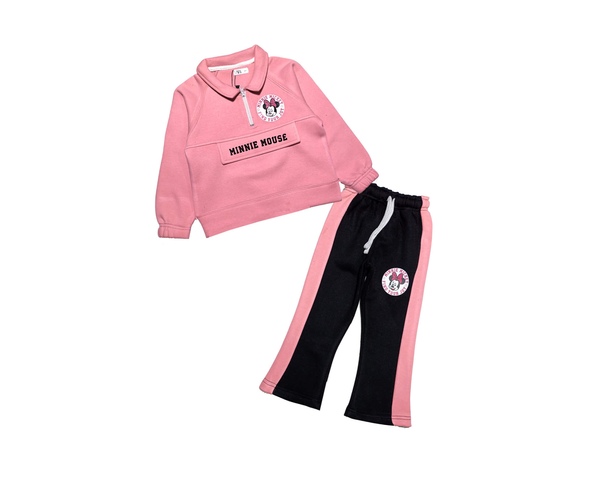 Coller Style Minnie Pocket Loose Fit Fleece Tracksuit -Rose Pink &amp; Black