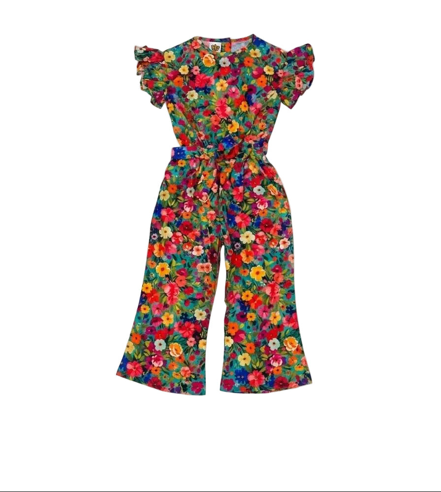 Color Full Flowers Printed Frill Sleeve Jumpsuit - Green