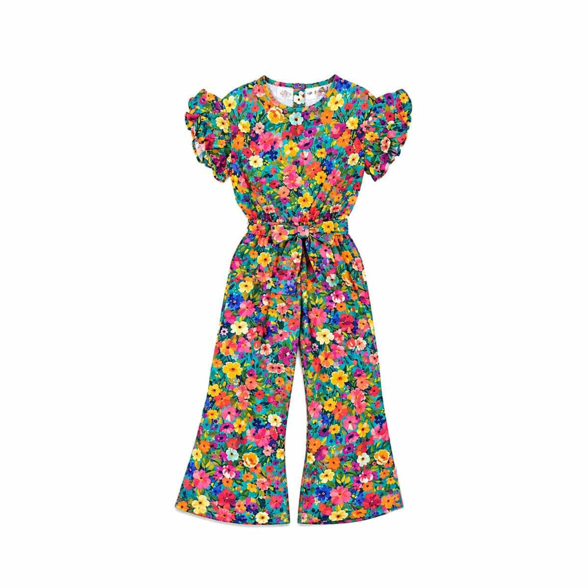 Color Full Flowers Printed Frill Sleeve Jumpsuit - Green