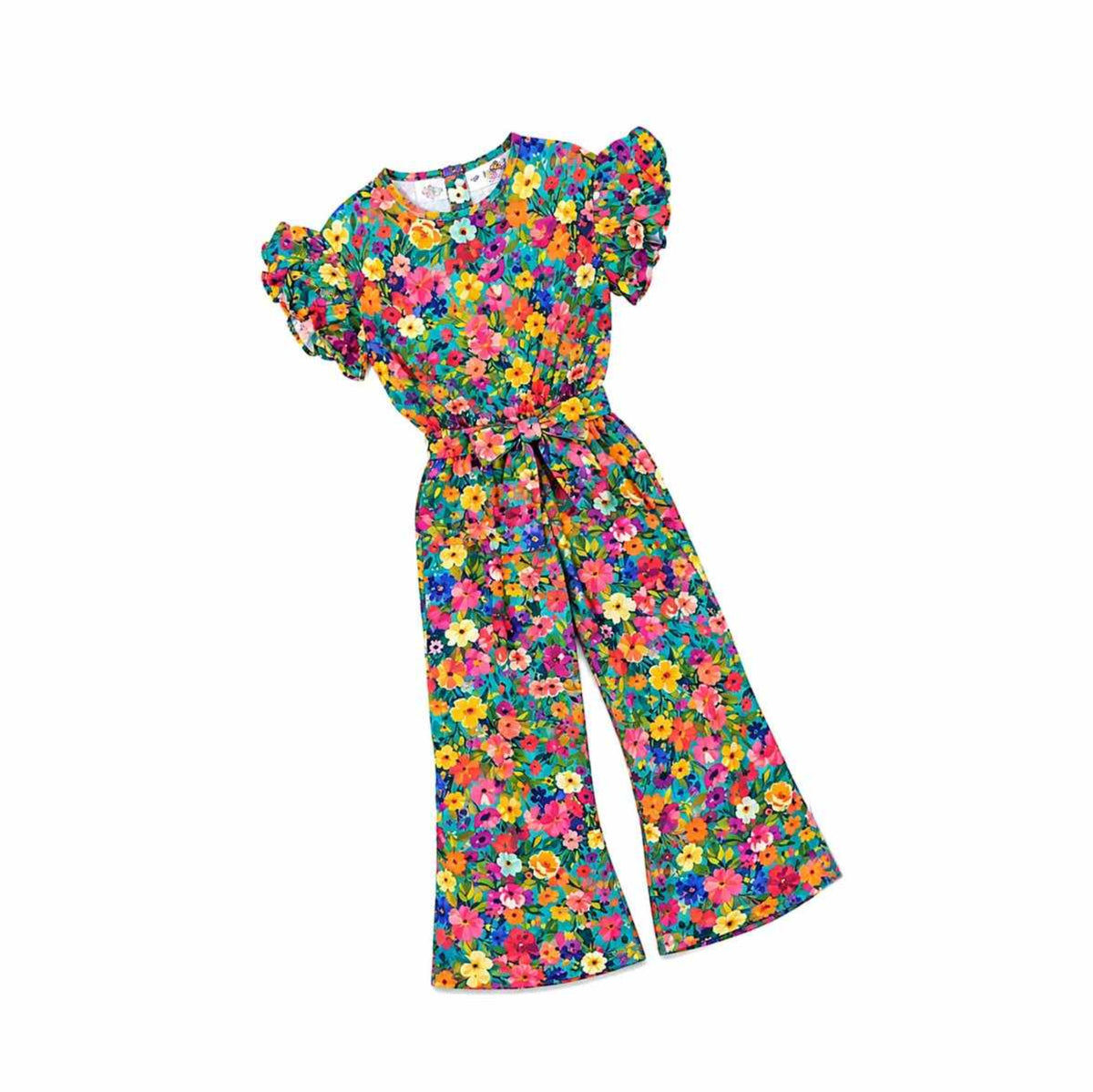 Color Full Flowers Printed Frill Sleeve Jumpsuit - Green