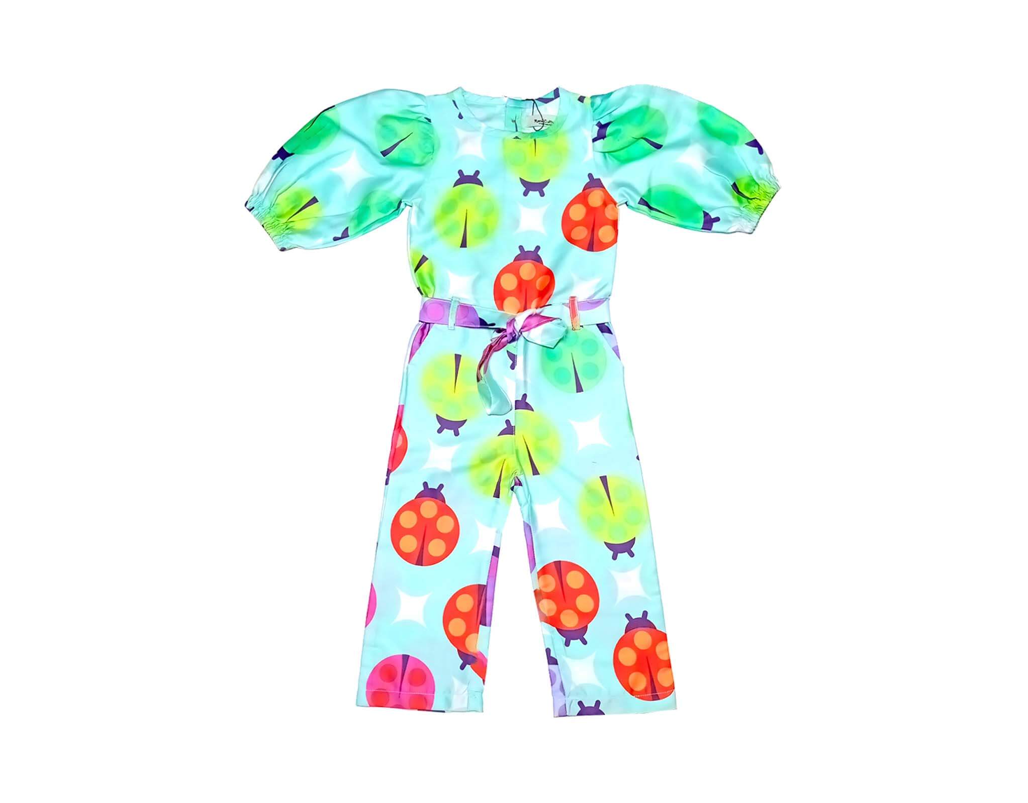 Colorful Bugs Puff Sleeves Jumpsuits - Aqua