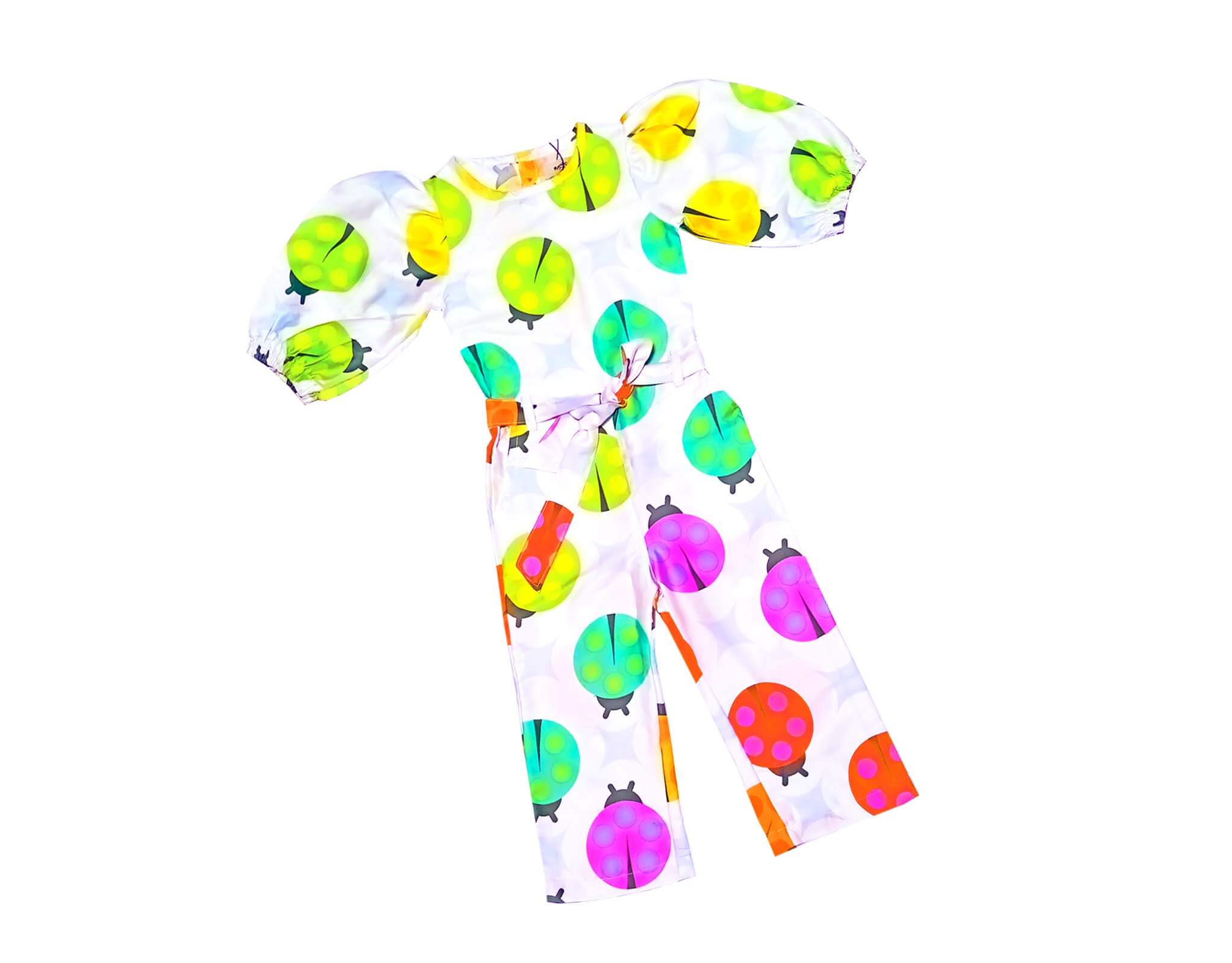 Colorful Bugs Puff Sleeves Jumpsuits - White