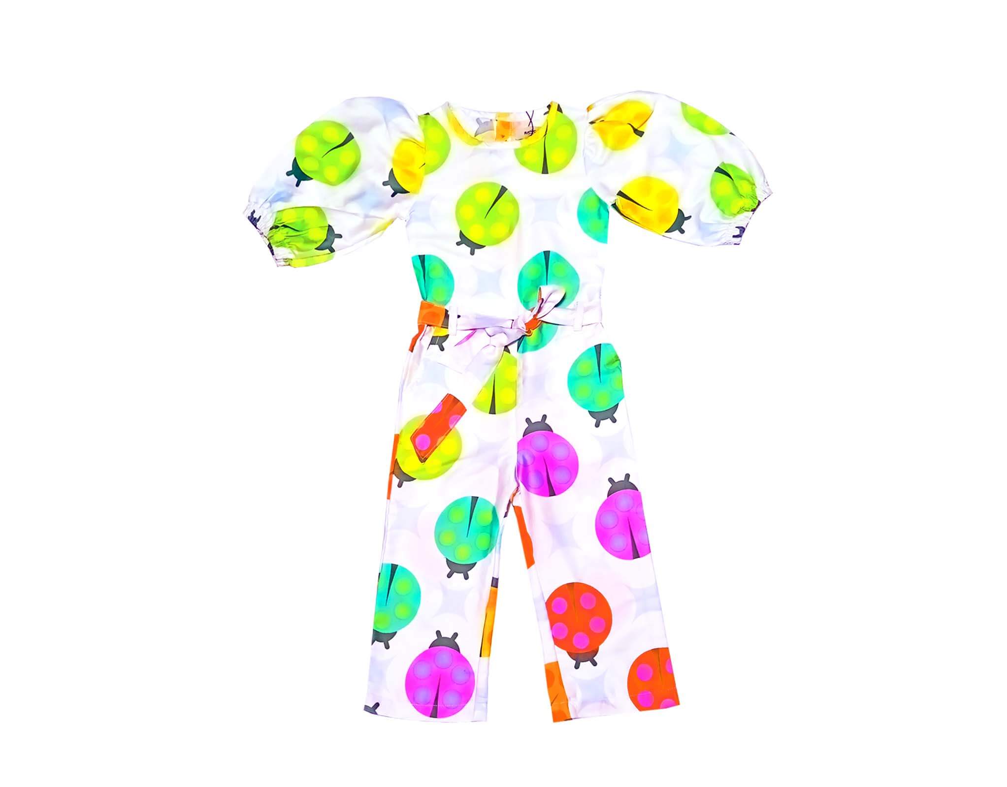 Colorful Bugs Puff Sleeves Jumpsuits - White