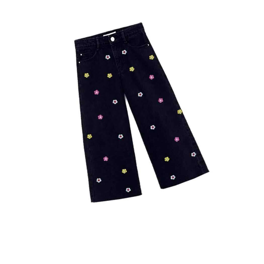 Colorful Mini Flowers Flapper Denim pant - Black