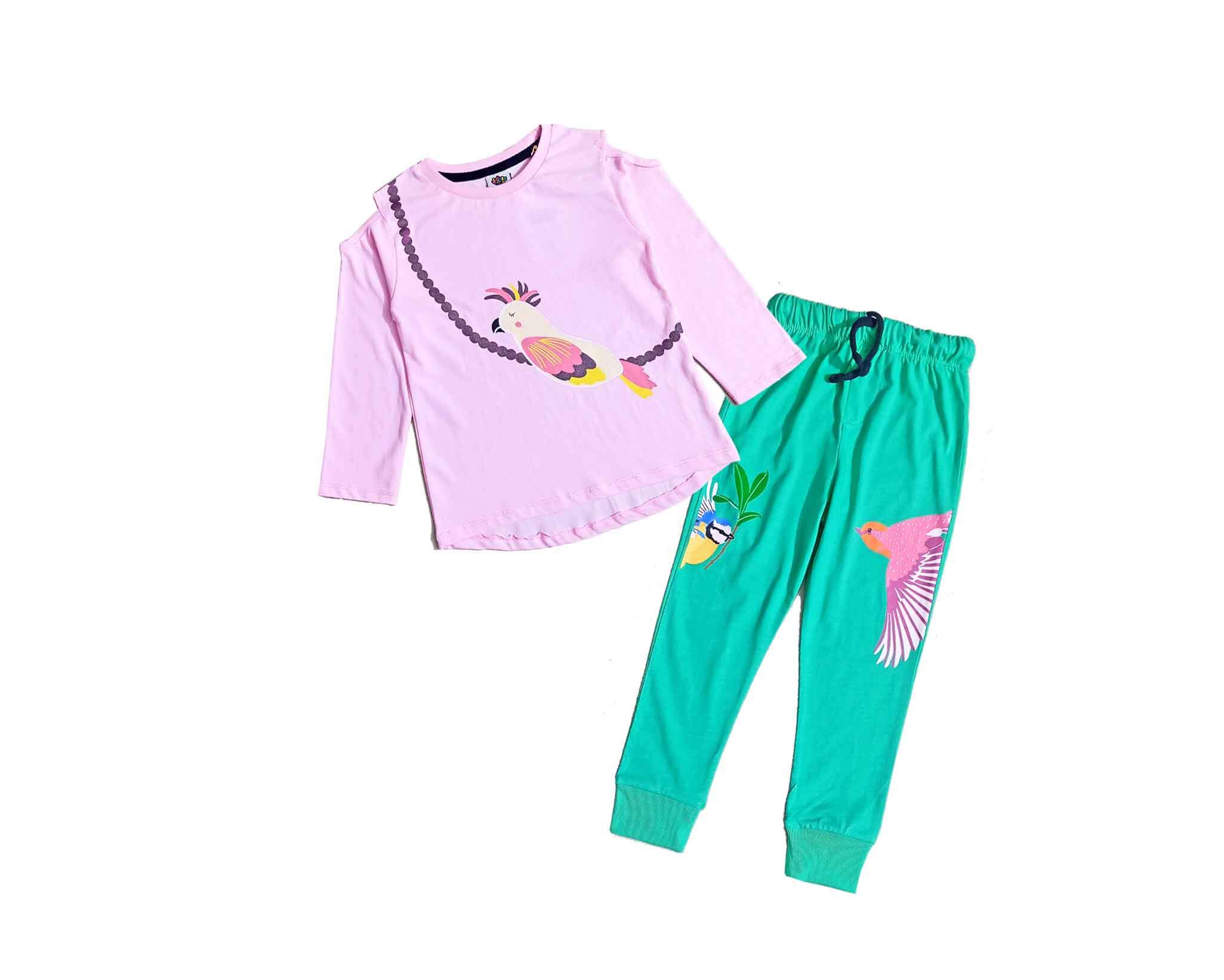 Colorful Parrot Full Sleeves Tee &amp; Trouser - Baby Pink &amp; Sea Green