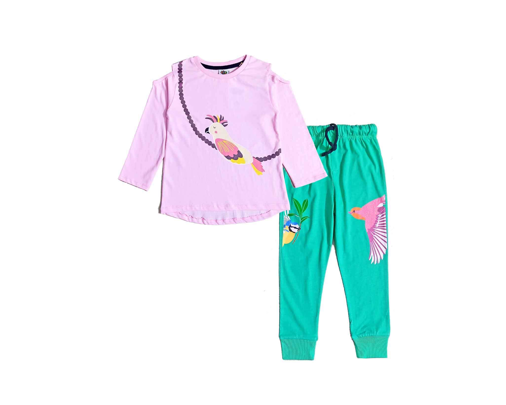 Colorful Parrot Full Sleeves Tee &amp; Trouser - Baby Pink &amp; Sea Green