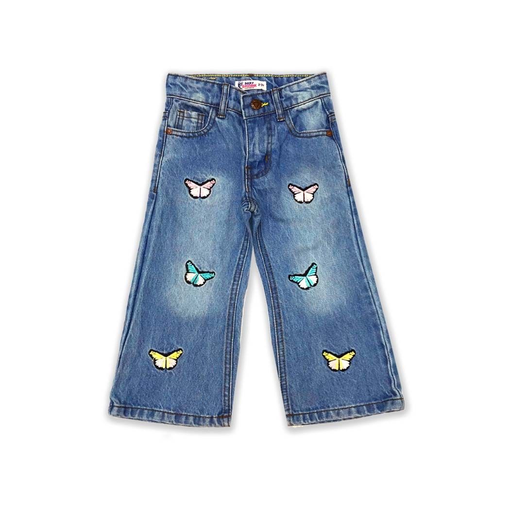 Colorful Butterflies Flapper Denim Pant - Blue.