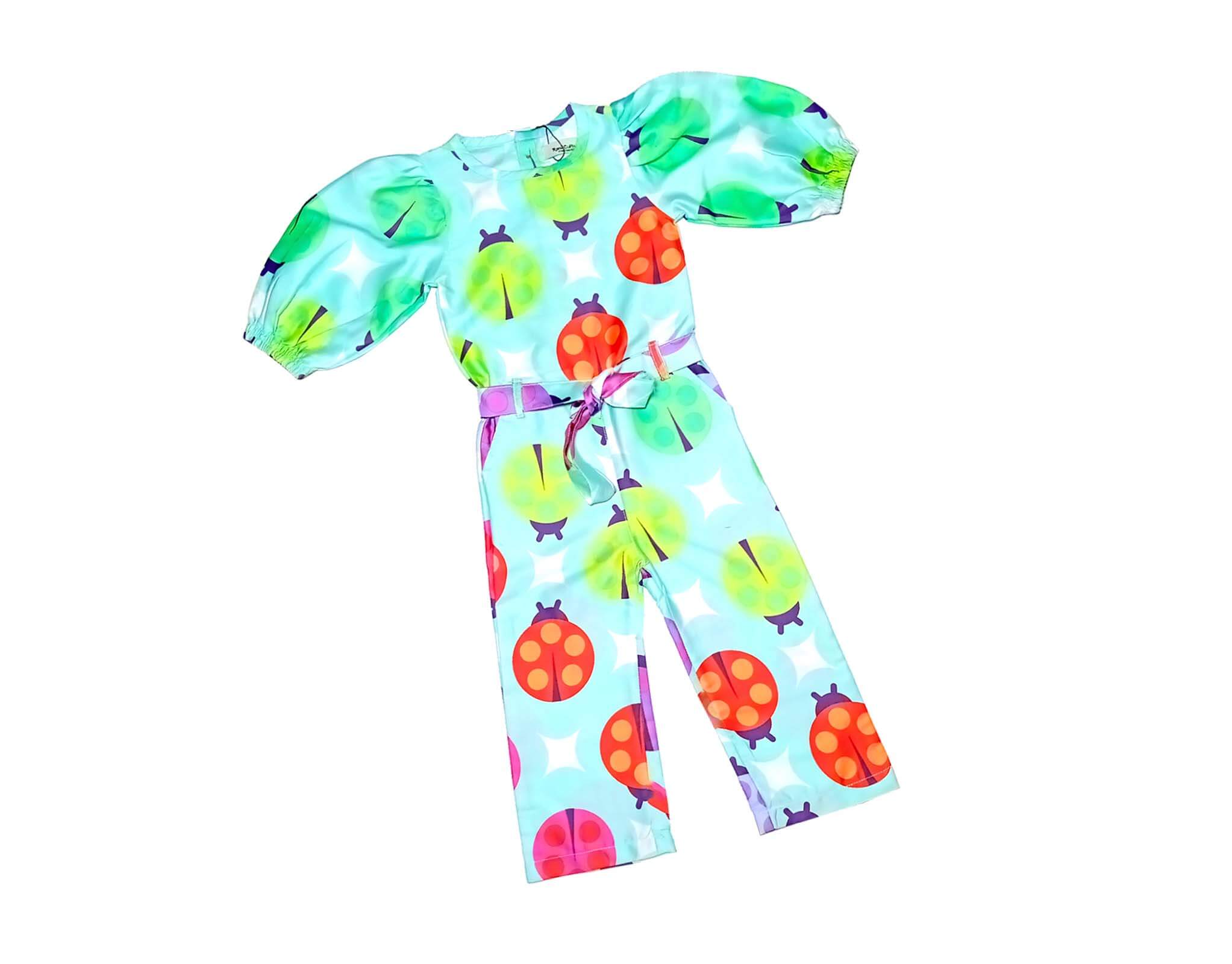 Colorful Bugs Puff Sleeves Jumpsuits - Aqua