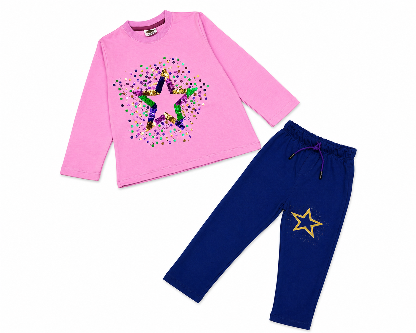 Colorful Sequence Star Full Sleeve Tee Shirt & Trouser - Pink & Dark Purple
