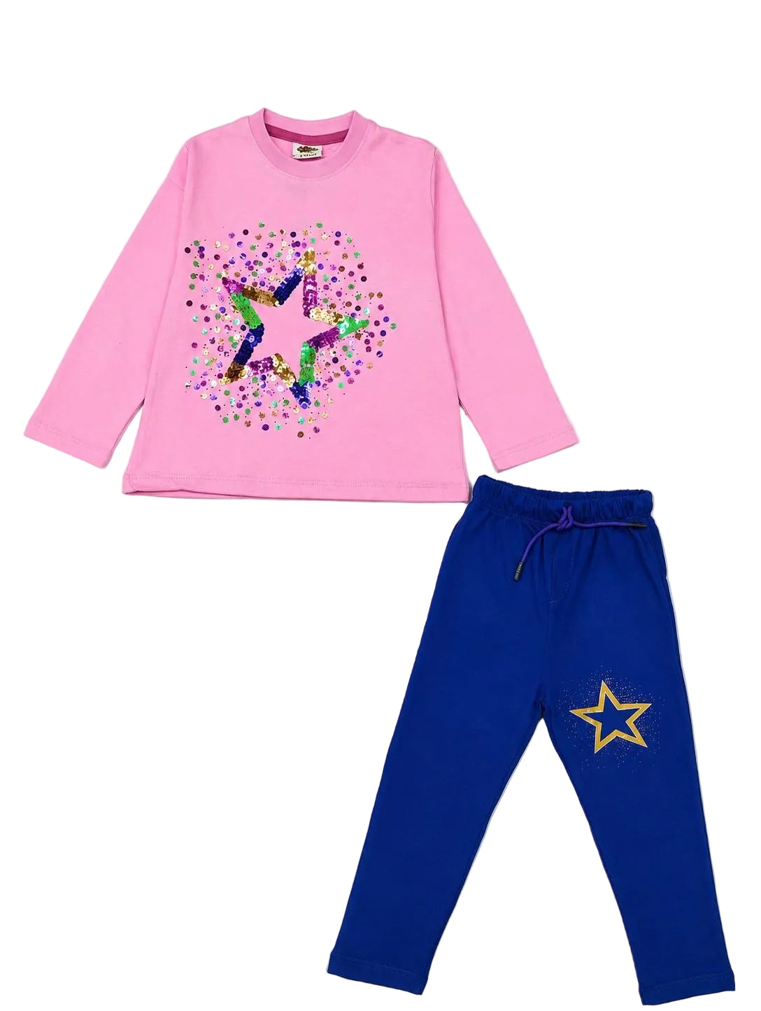 Colorful Sequence Star Full Sleeve Tee Shirt & Trouser - Pink & Dark Purple