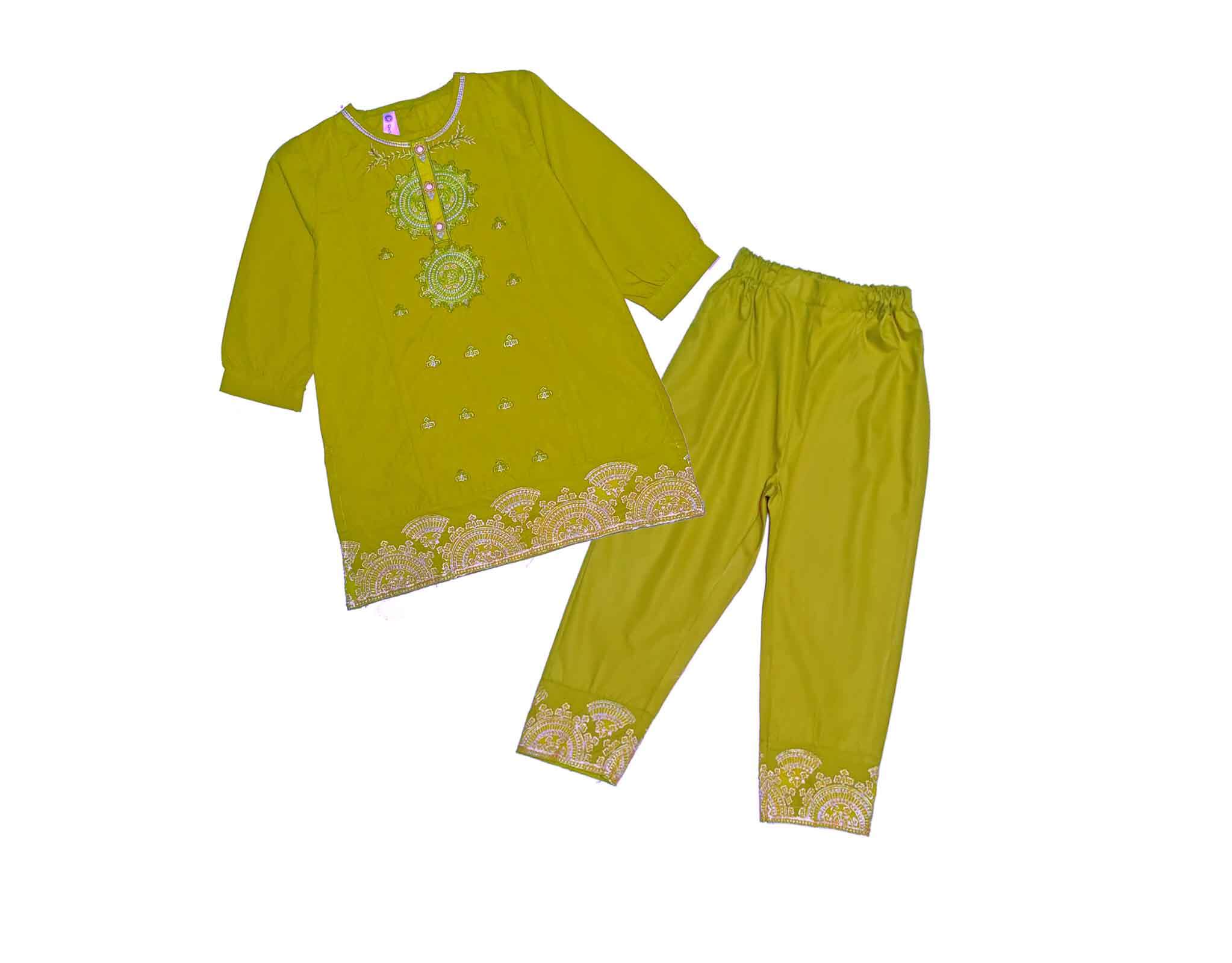 Contrast Embroidered &amp; Tella Cotton Kameez &amp; Trouser - Olive Green