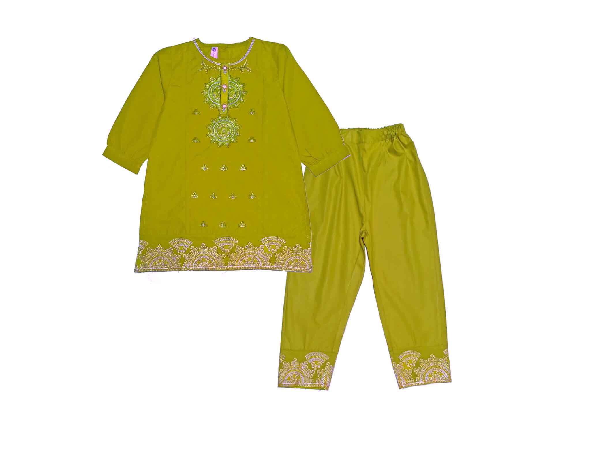 Contrast Embroidered &amp; Tella Cotton Kameez &amp; Trouser - Olive Green