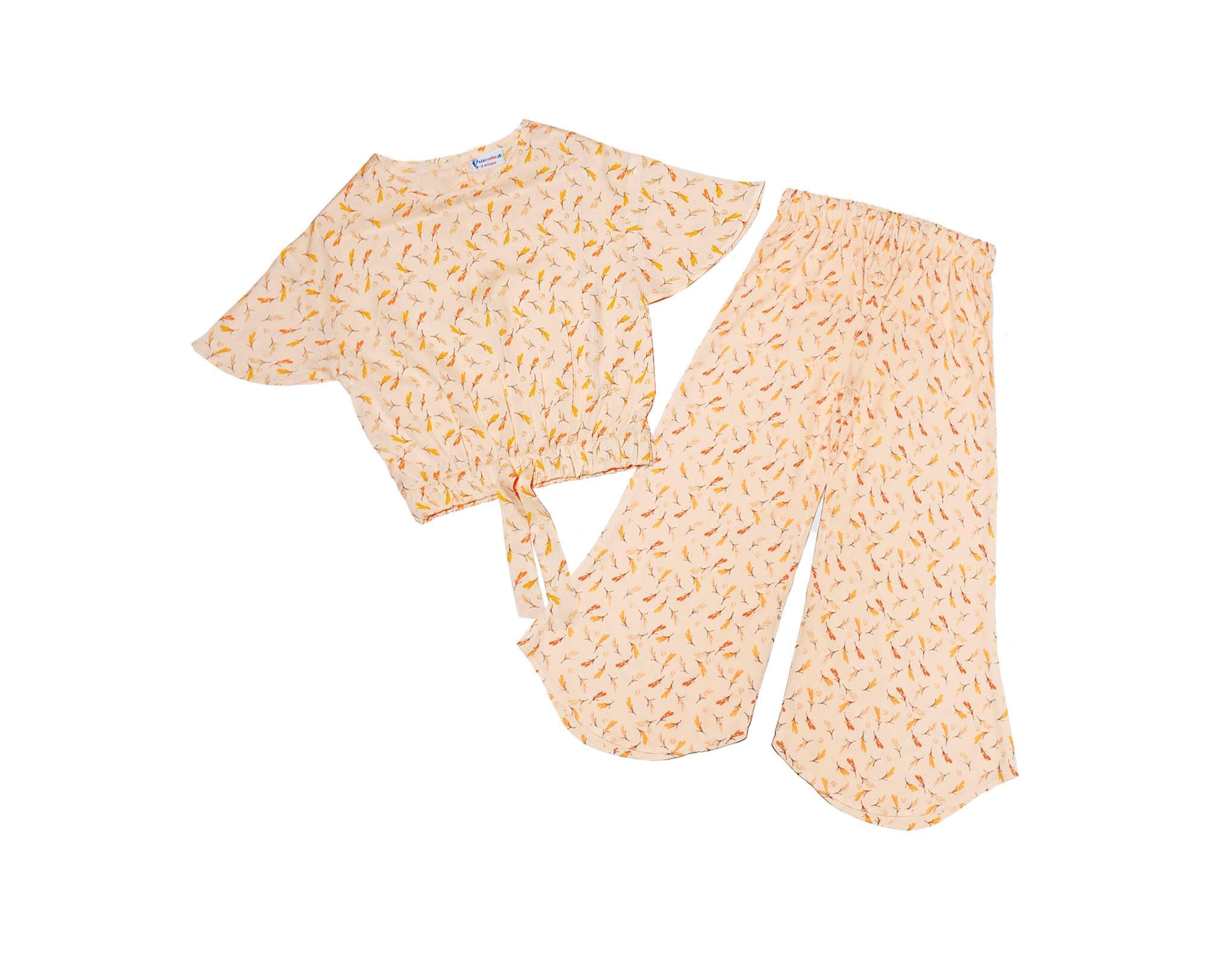Corn Flowers Fish Cut Top &amp; Bell Bottom Trouser - Peach