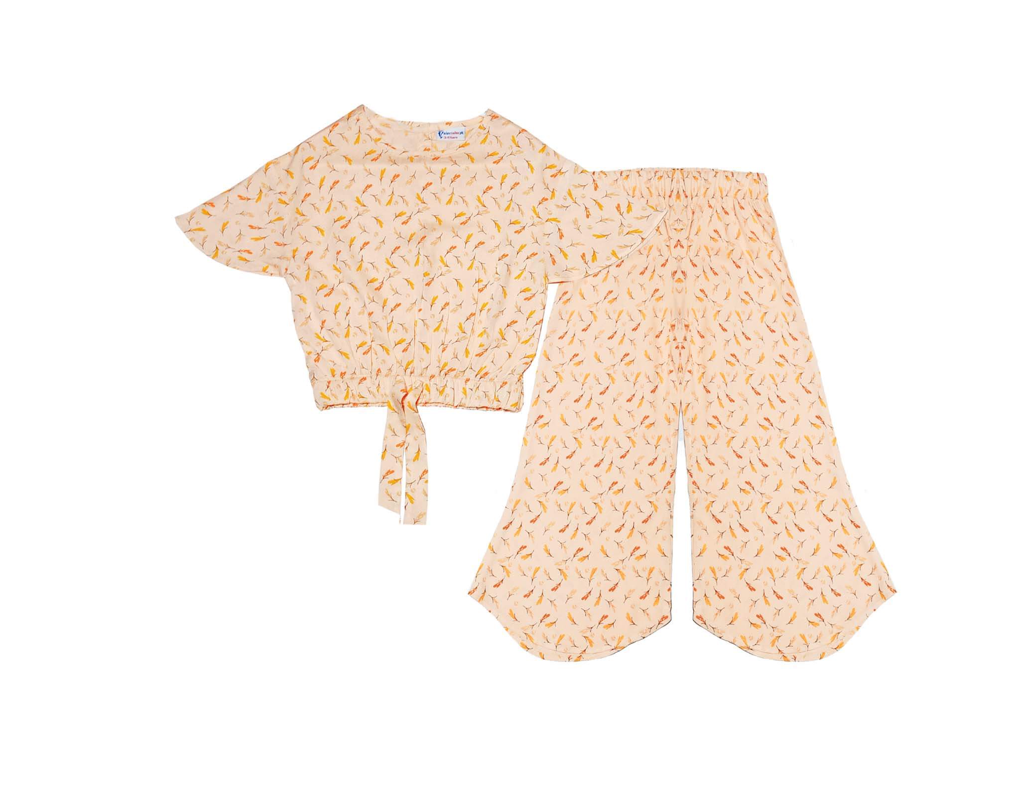 Corn Flowers Fish Cut Top &amp; Bell Bottom Trouser - Peach