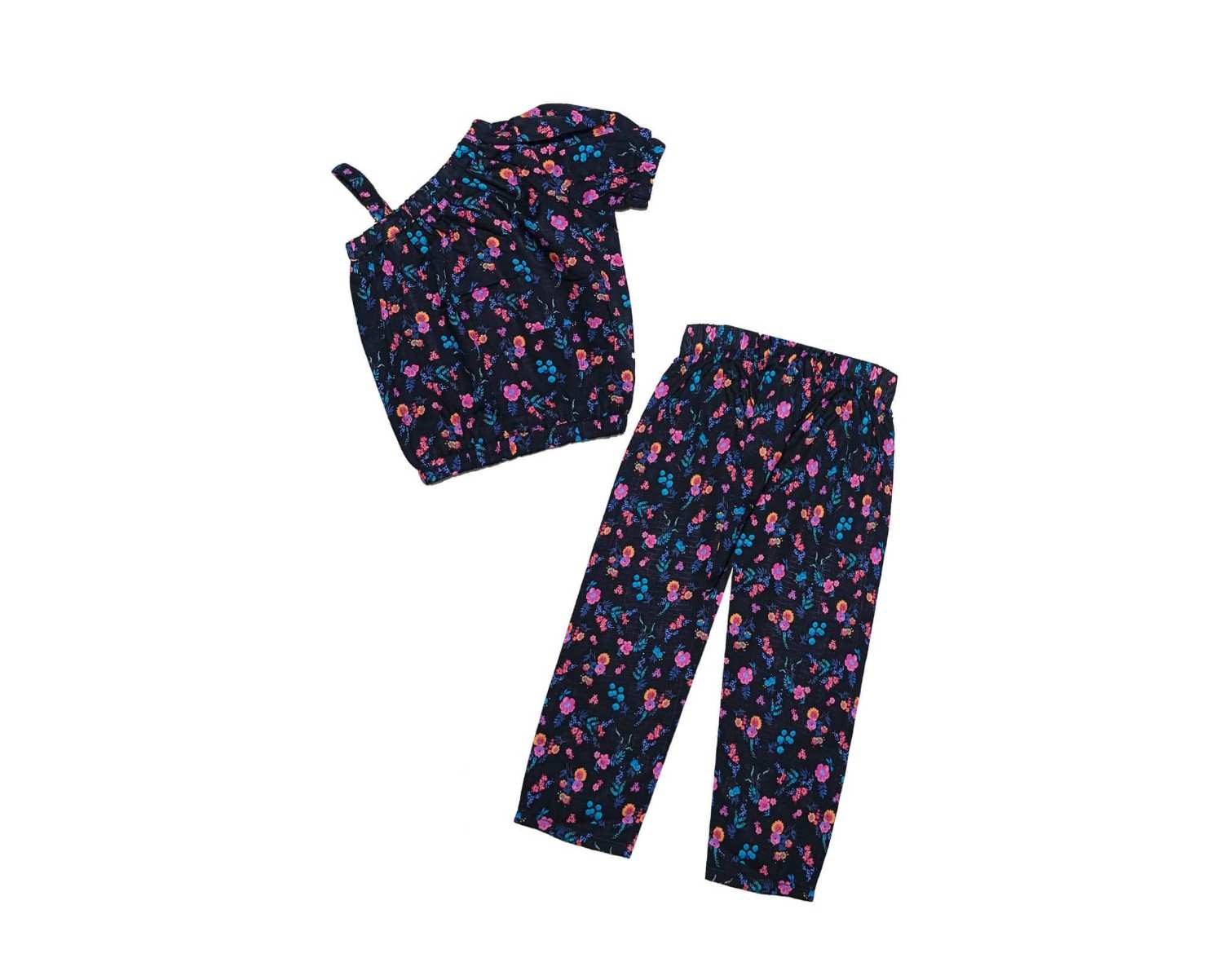 Cross Shoulder Style Colorful Flowers Cotton Top & Trouser -Black