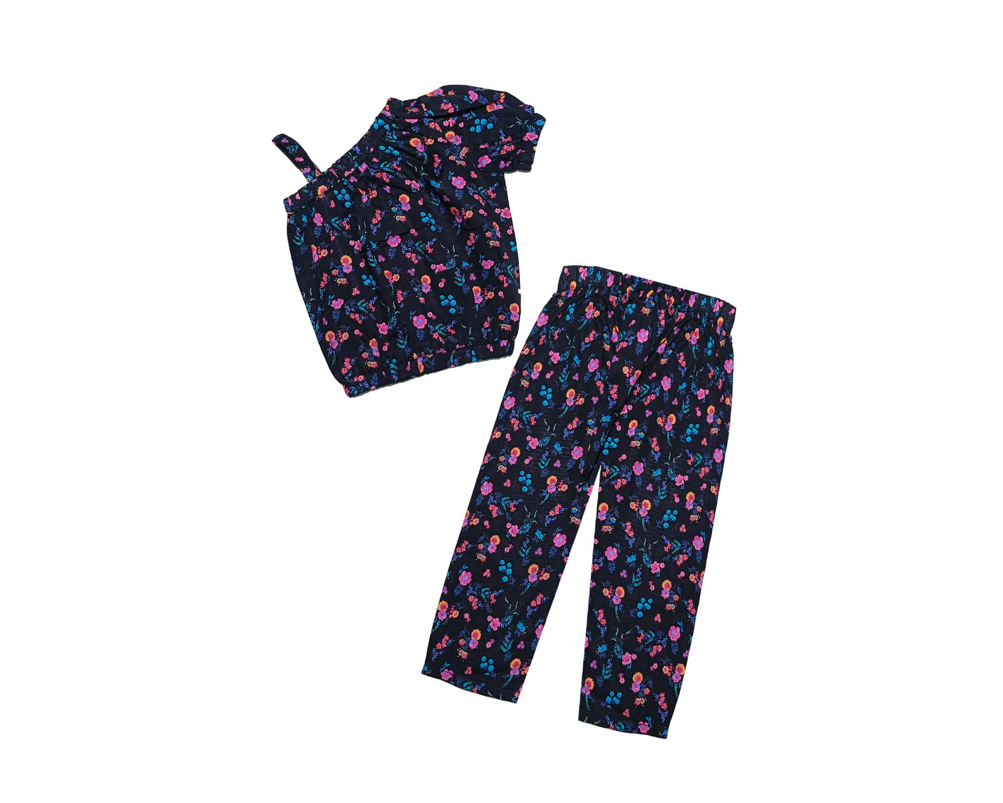 Cross Shoulder Style Colorful Flowers Cotton Top & Trouser -Black