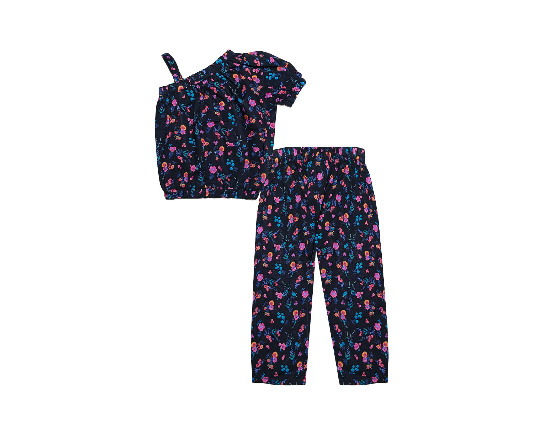 Cross Shoulder Style Colorful Flowers Cotton Top & Trouser -Black