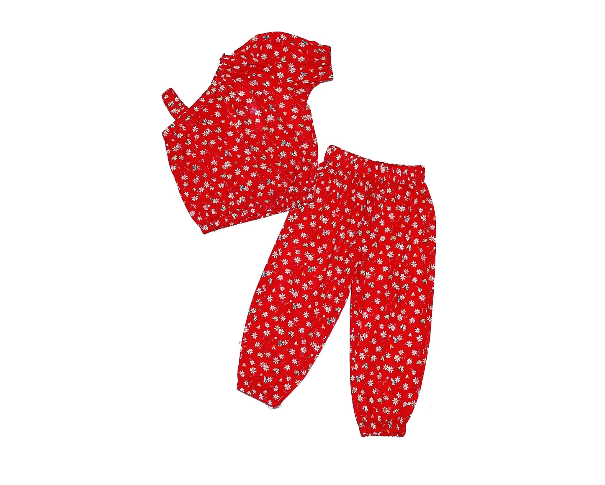 Cross Shoulder Style Jasmine Flowers Cotton Top & Trouser -Red
