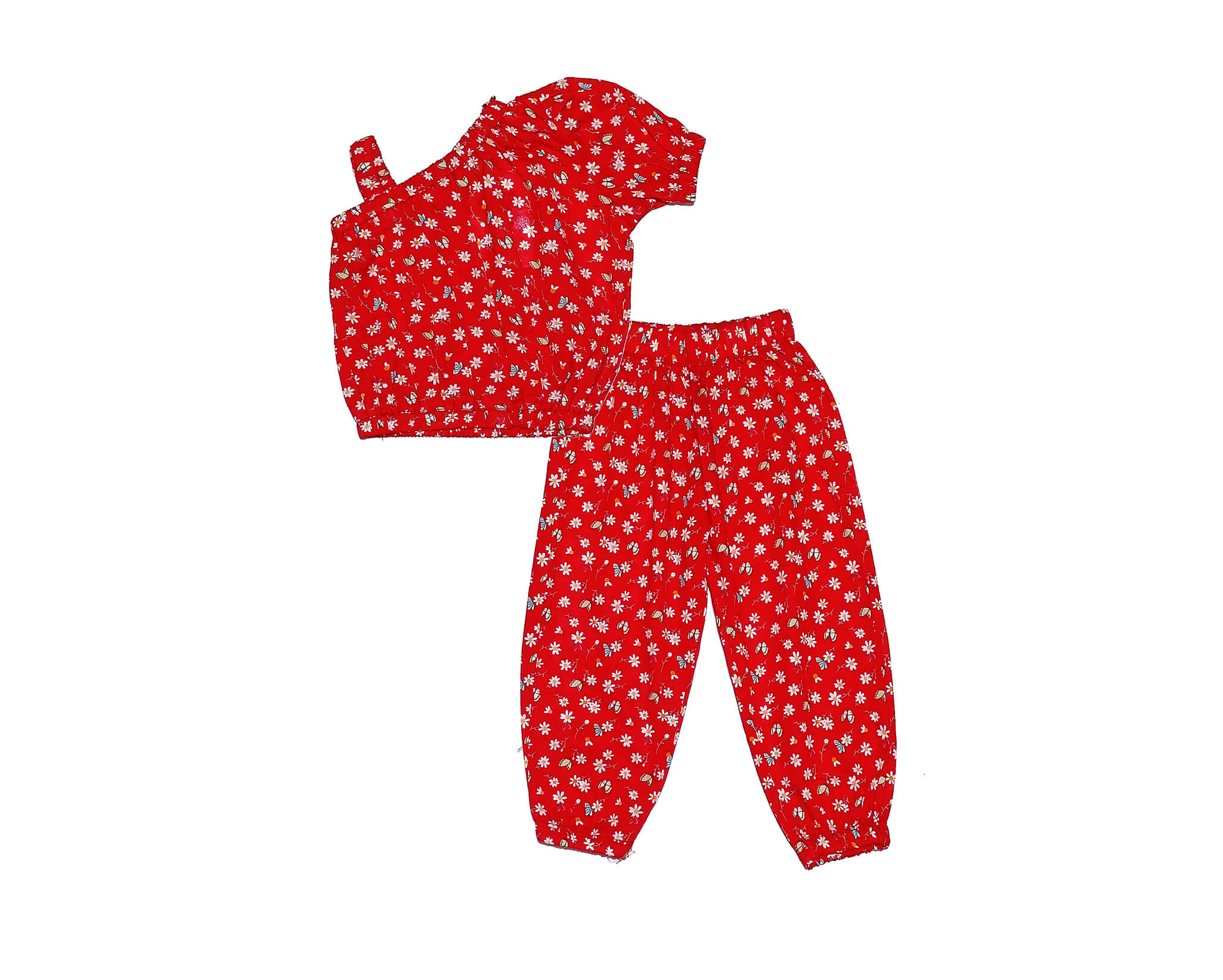 Cross Shoulder Style Jasmine Flowers Cotton Top & Trouser -Red