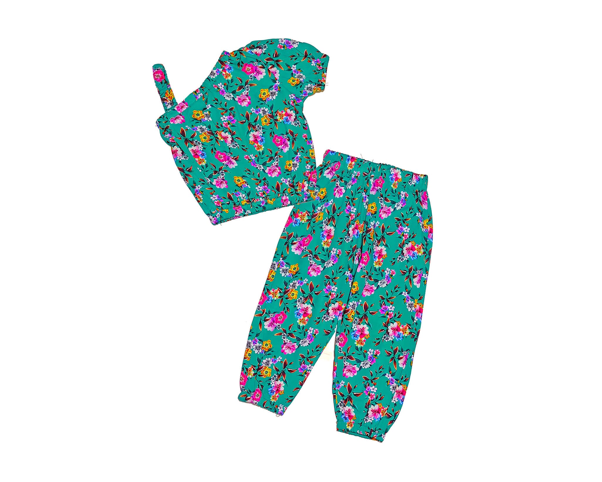 Cross Shoulder Style Vibrant Flowers Cotton Top &amp; Trouser -Green