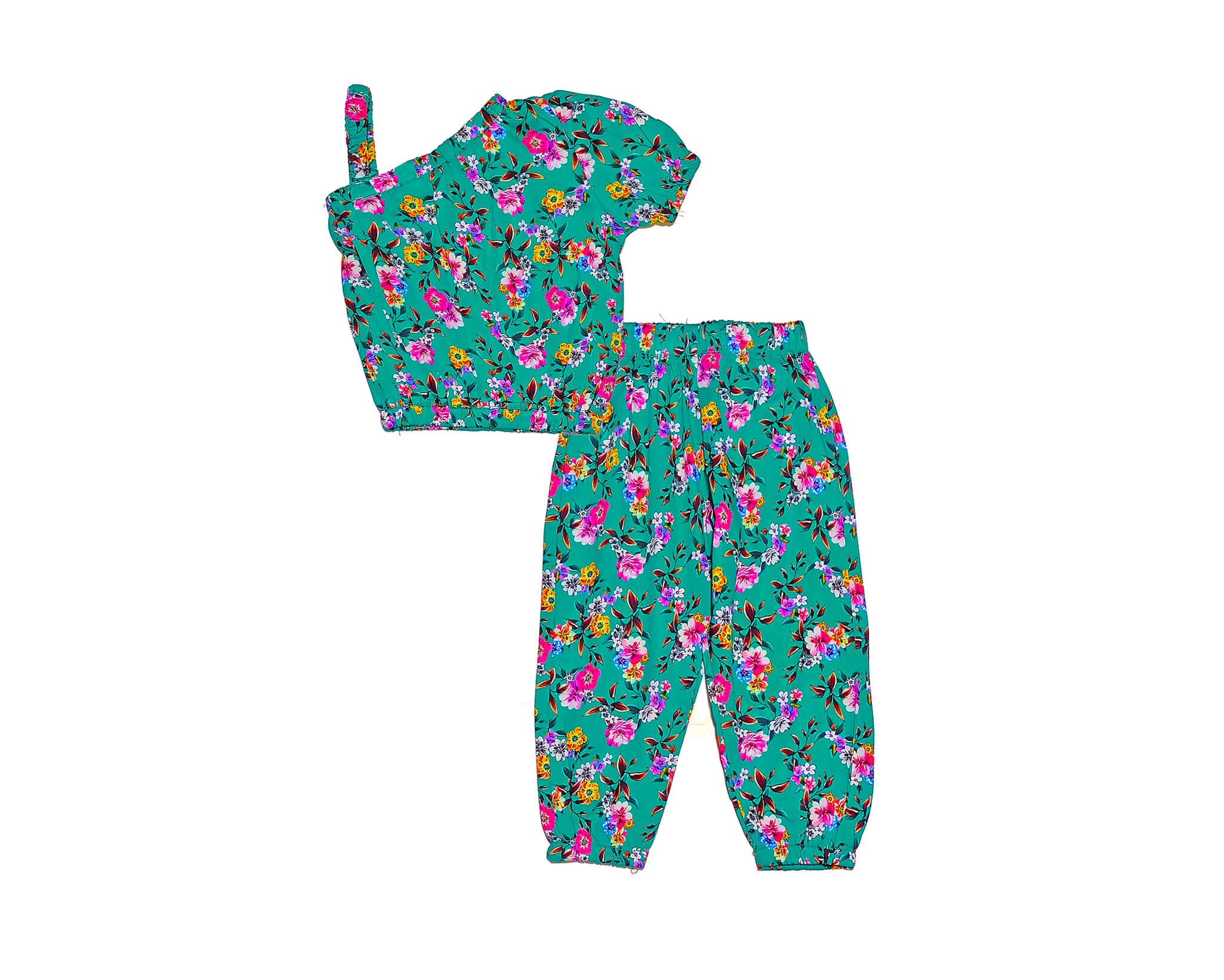 Cross Shoulder Style Vibrant Flowers Cotton Top &amp; Trouser -Green