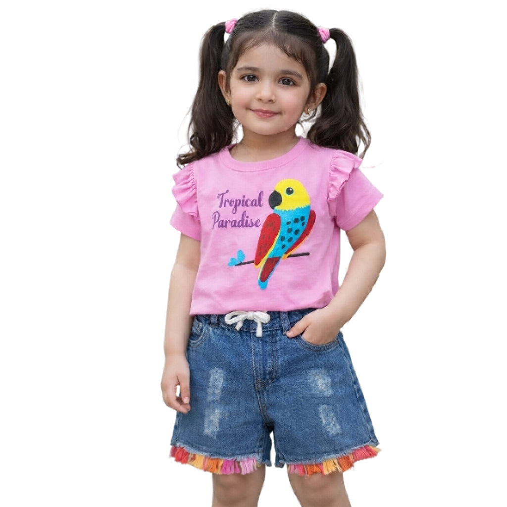Hip Hop Party Wear Denim Short & Tropical Paradise Sequence Tee Shirt