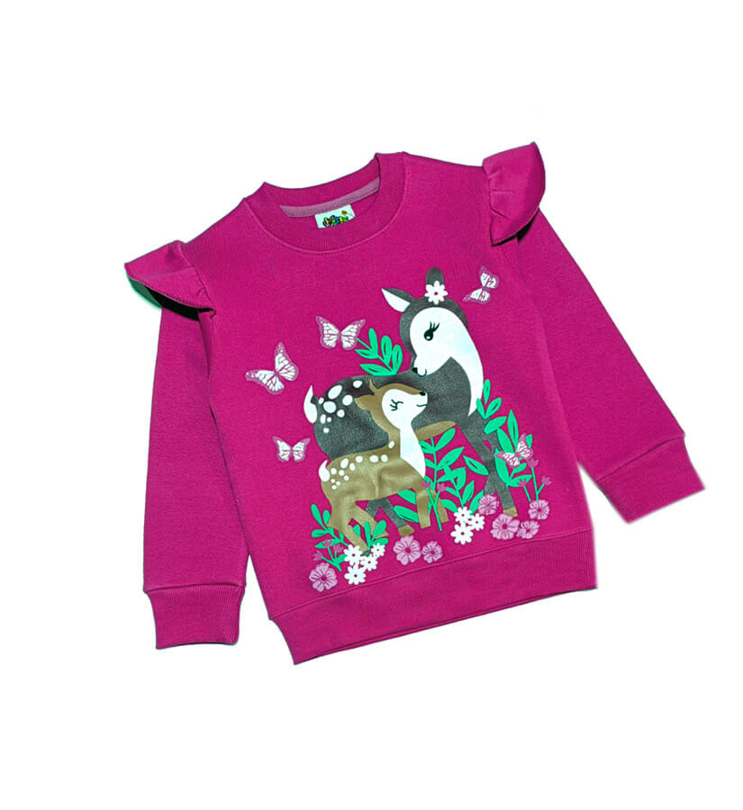 Cute Deer World Frill Fleece Sweatshirt Shocking Pink